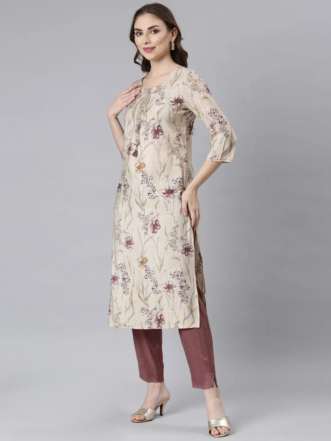 Neerus Lavender Panelled Straight Floral Kurta And Trousers With Dupatta