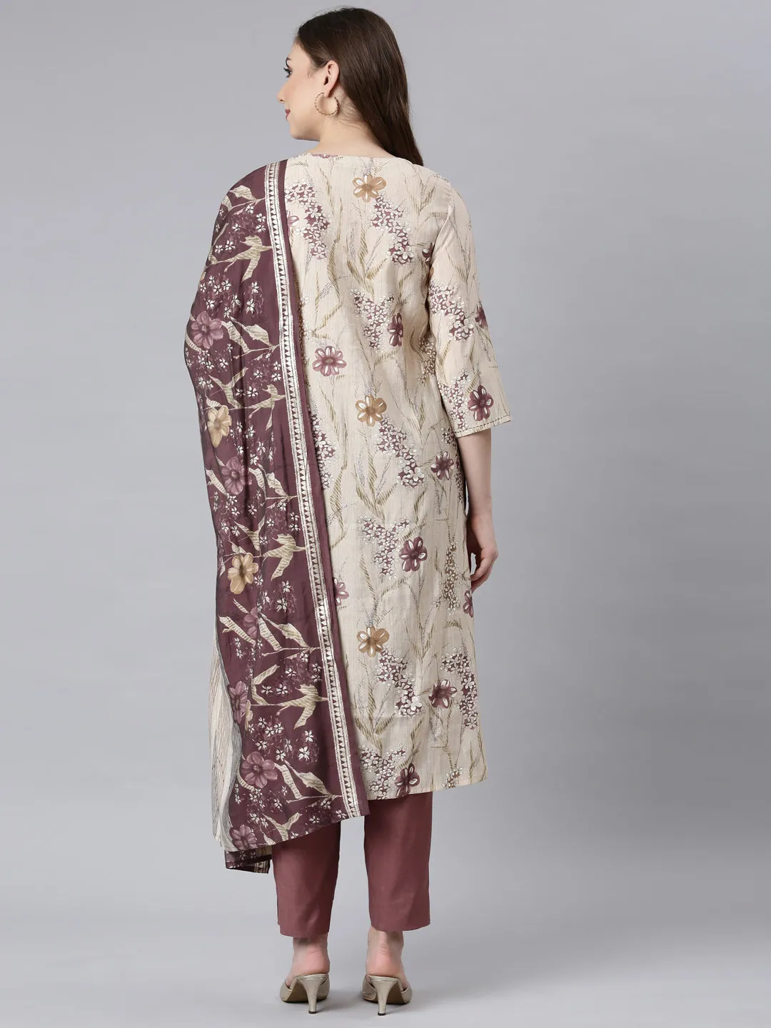 Neerus Lavender Panelled Straight Floral Kurta And Trousers With Dupatta