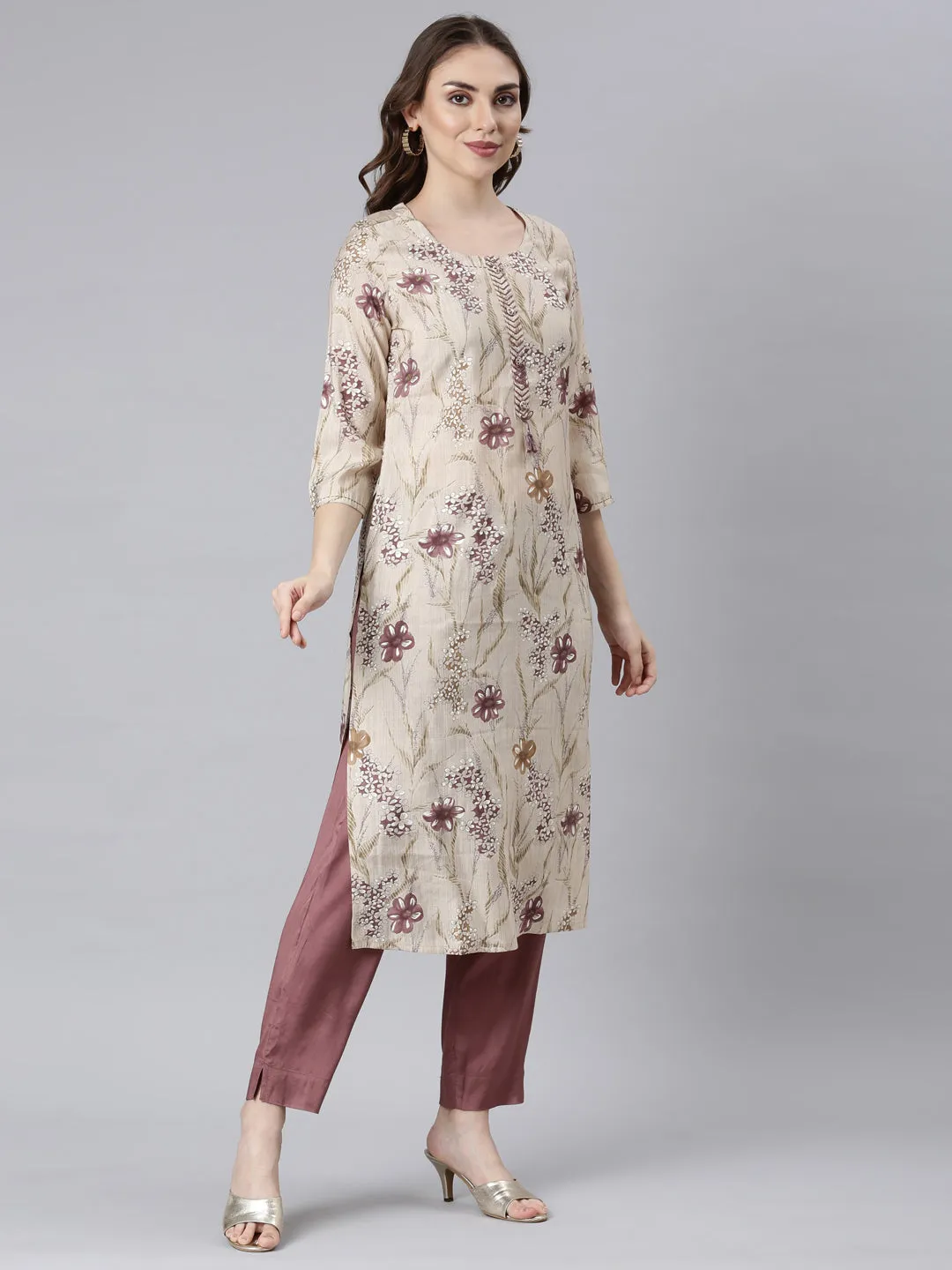 Neerus Lavender Panelled Straight Floral Kurta And Trousers With Dupatta