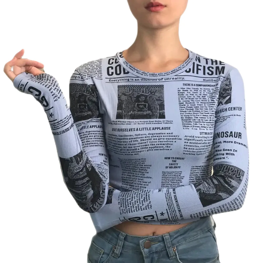 Newspaper Printed Long Sleeve Top