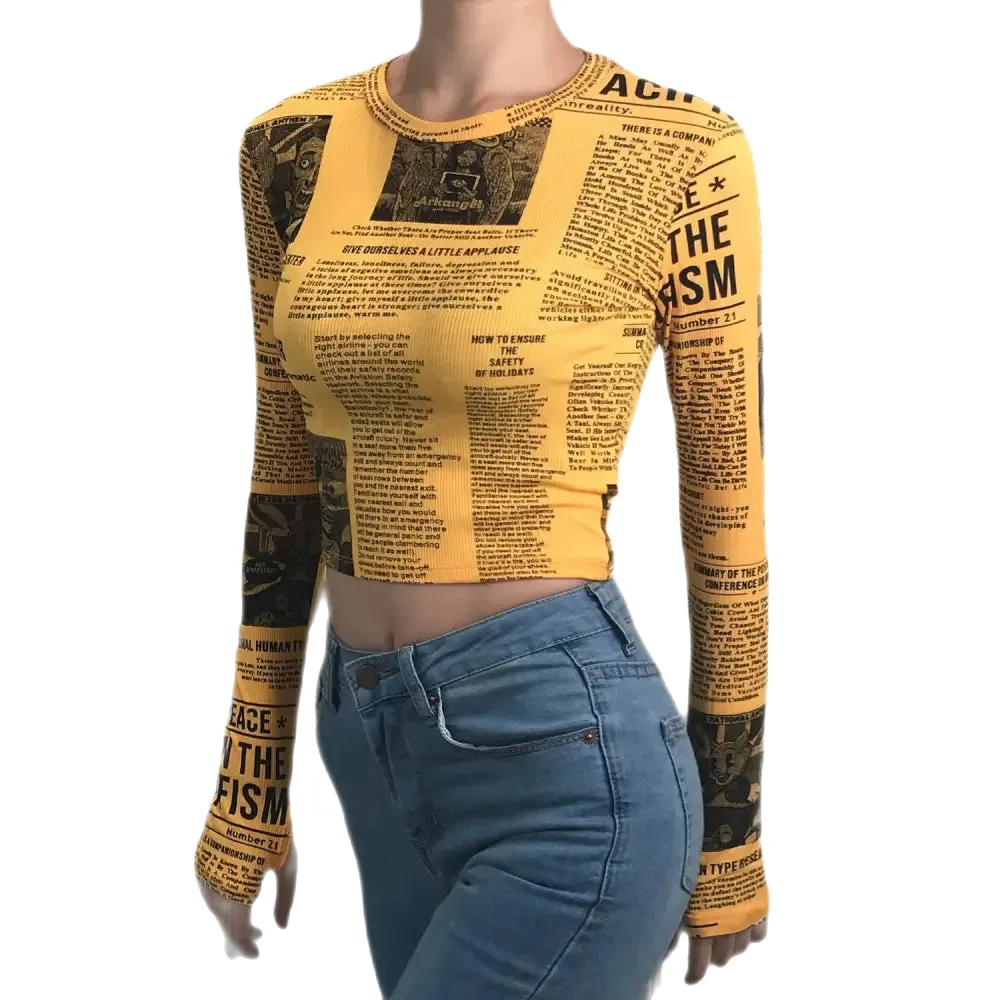 Newspaper Printed Long Sleeve Top