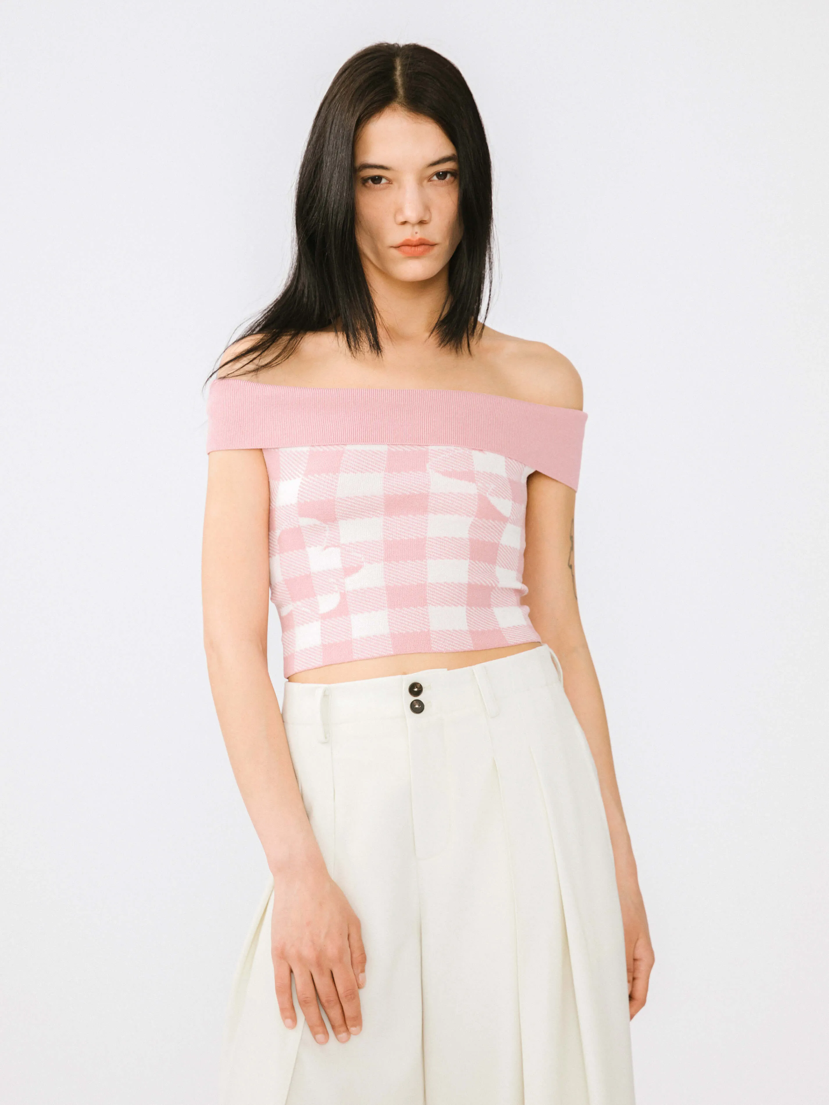 Off-Shoulder Checkered Knit Cami Top