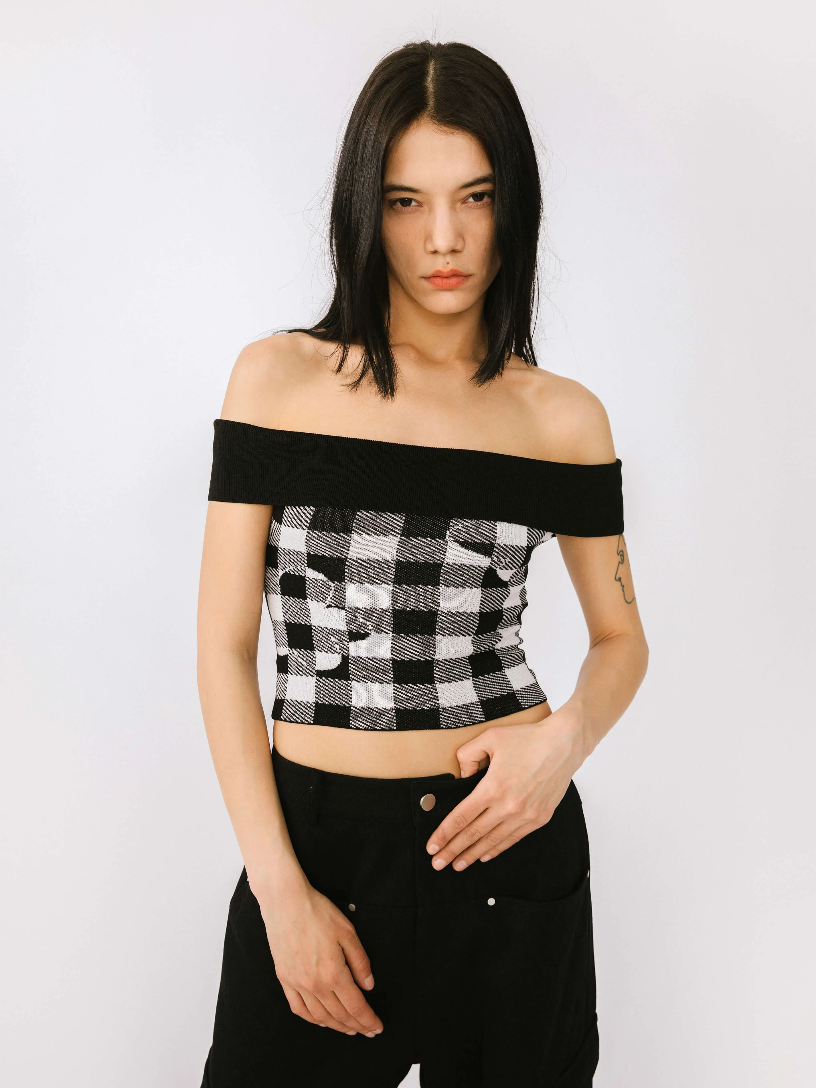 Off-Shoulder Checkered Knit Cami Top