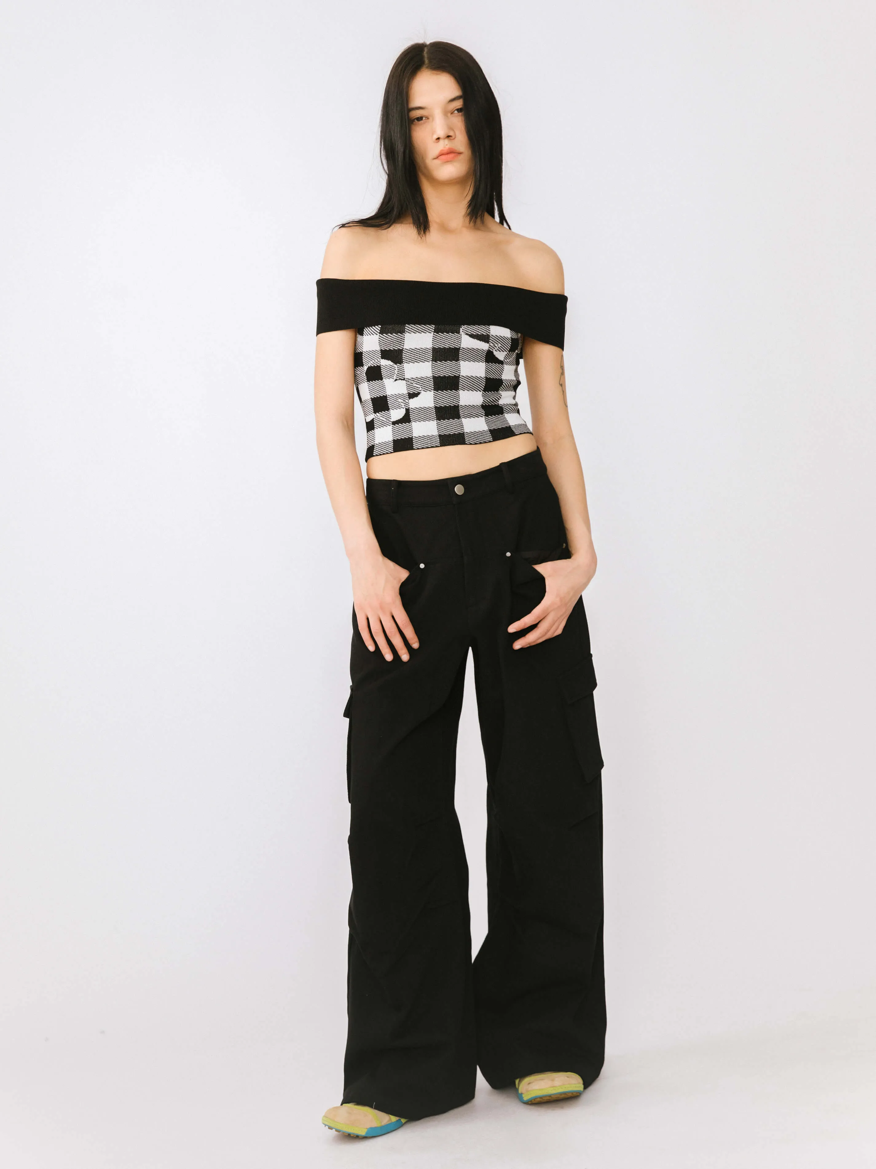 Off-Shoulder Checkered Knit Cami Top