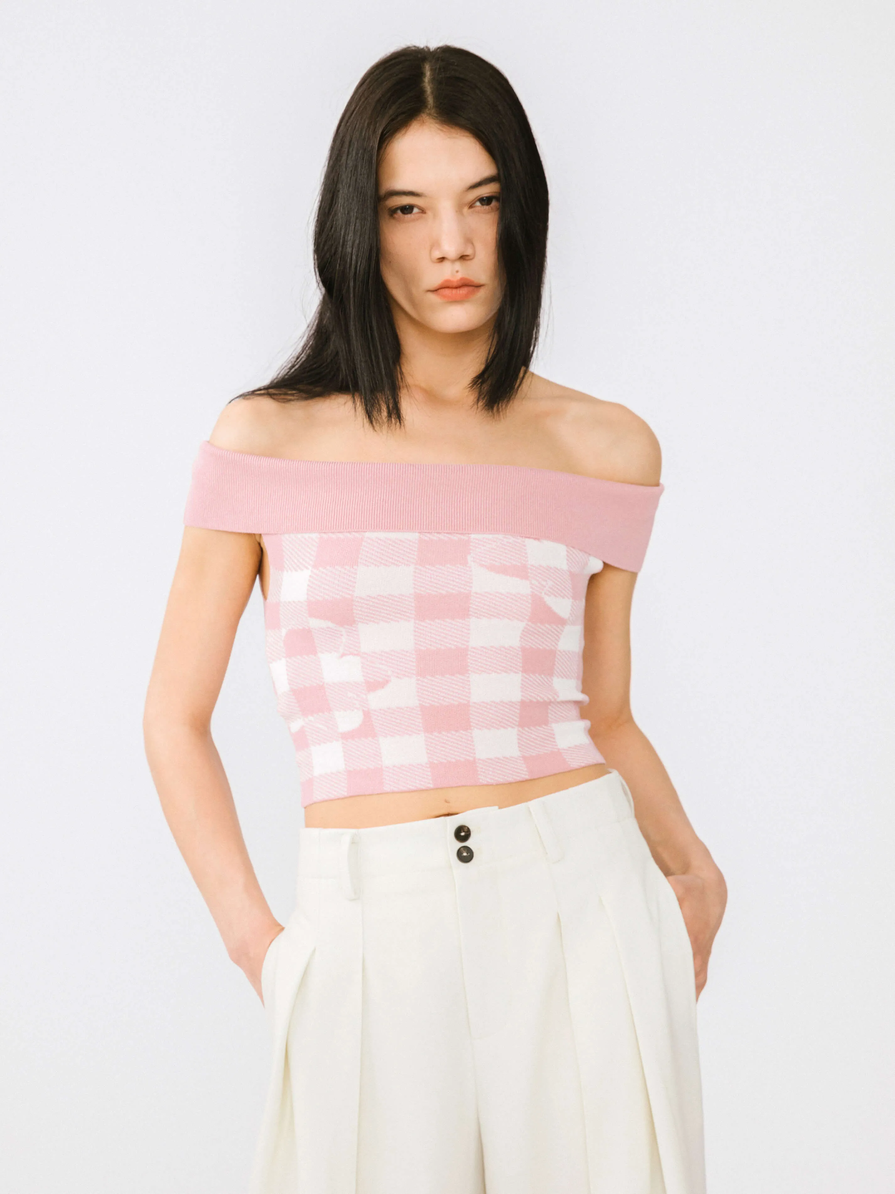 Off-Shoulder Checkered Knit Cami Top