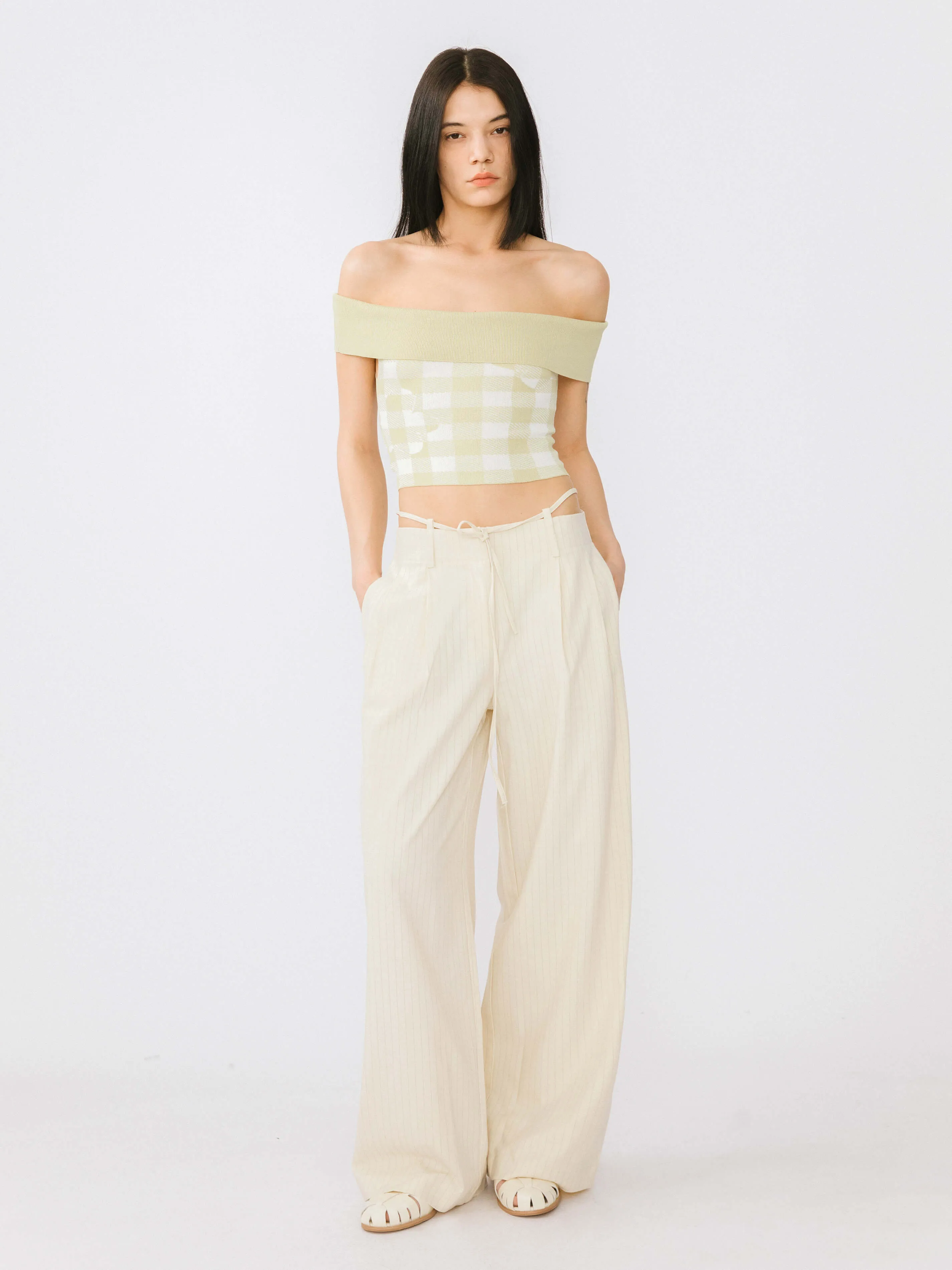 Off-Shoulder Checkered Knit Cami Top