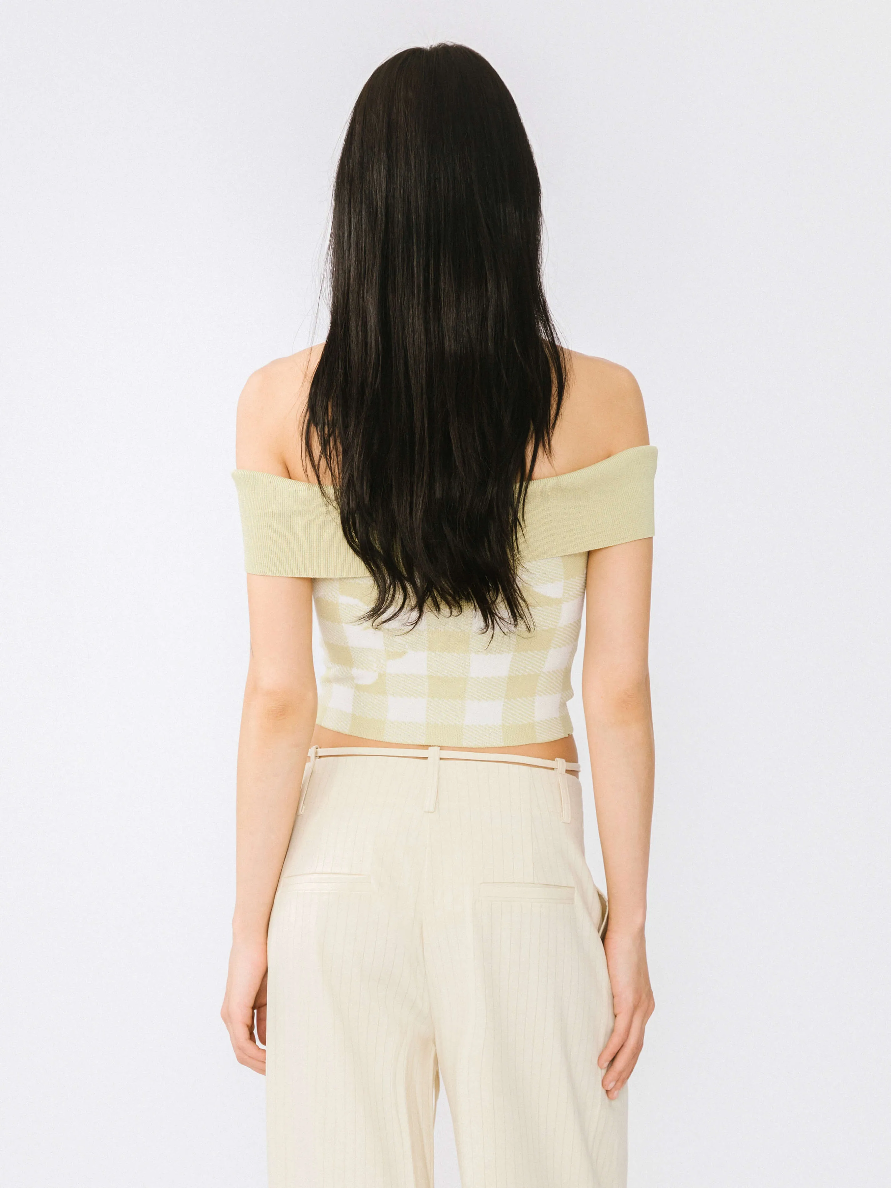 Off-Shoulder Checkered Knit Cami Top