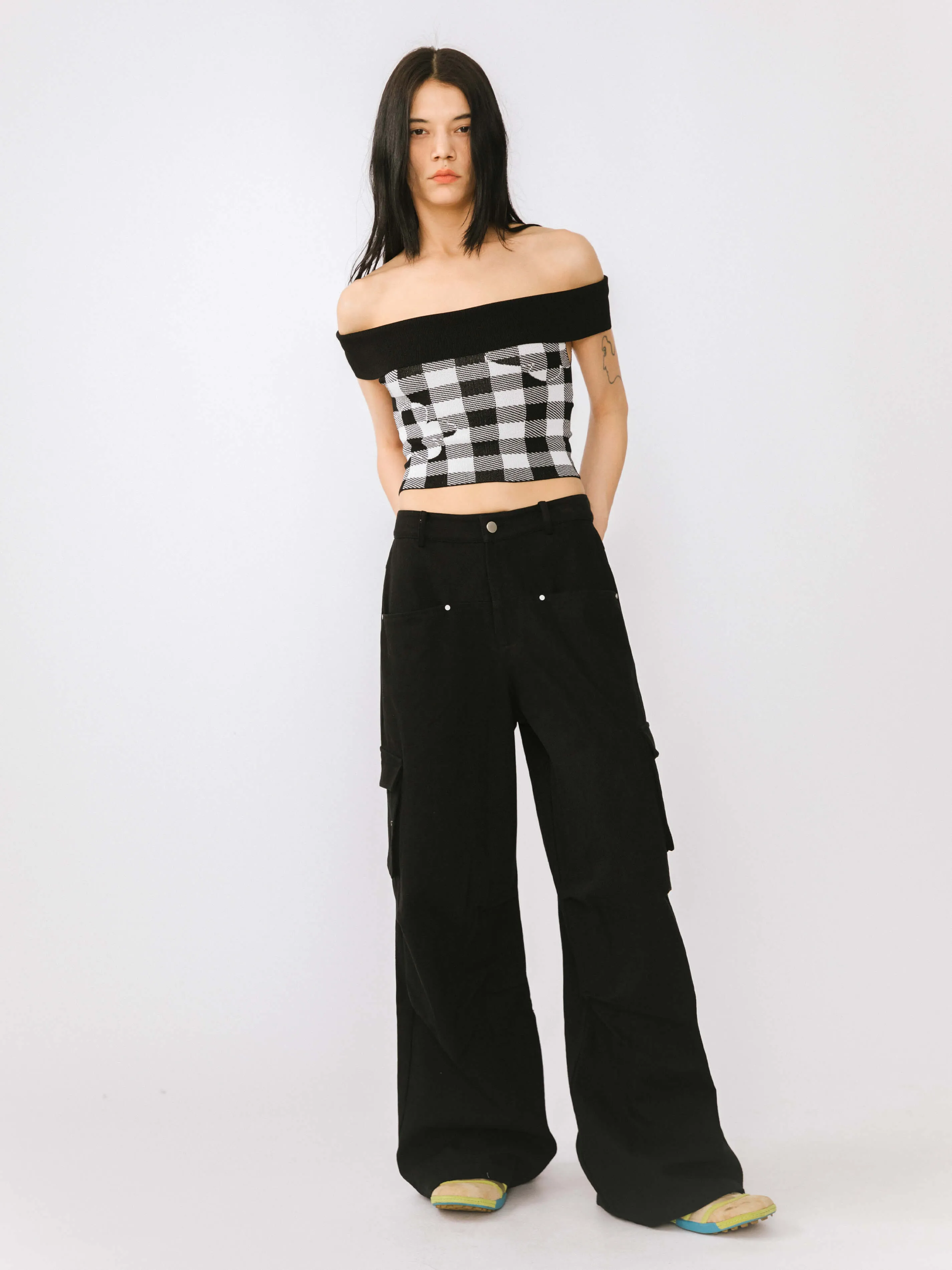 Off-Shoulder Checkered Knit Cami Top