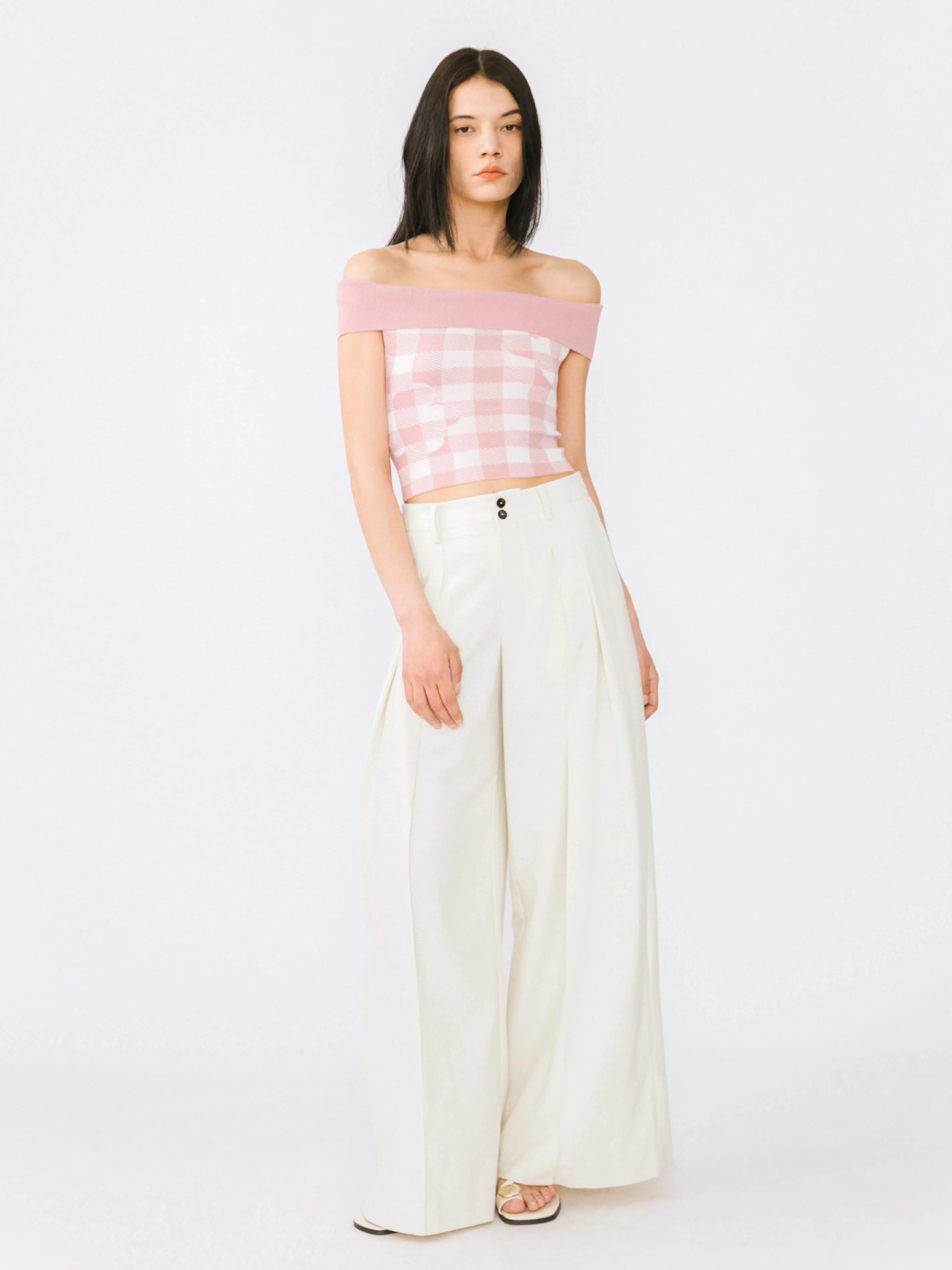 Off-Shoulder Checkered Knit Cami Top