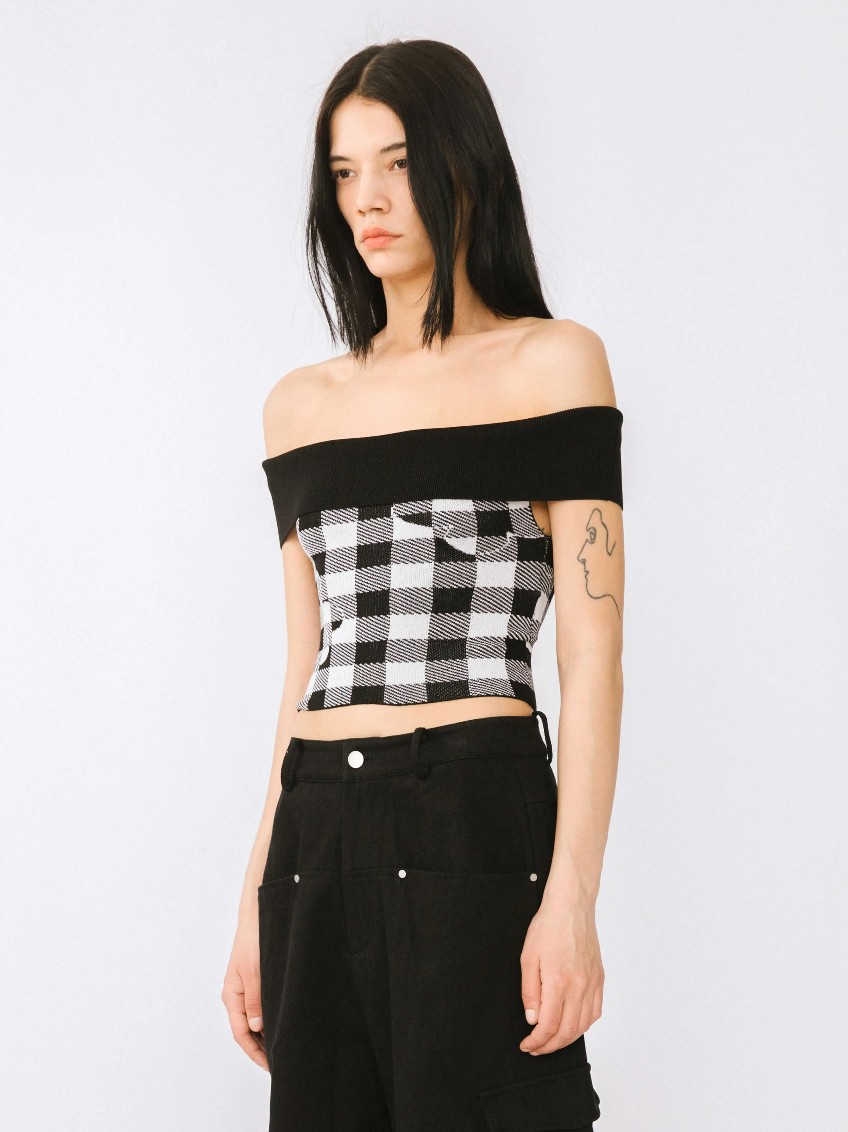 Off-Shoulder Checkered Knit Cami Top