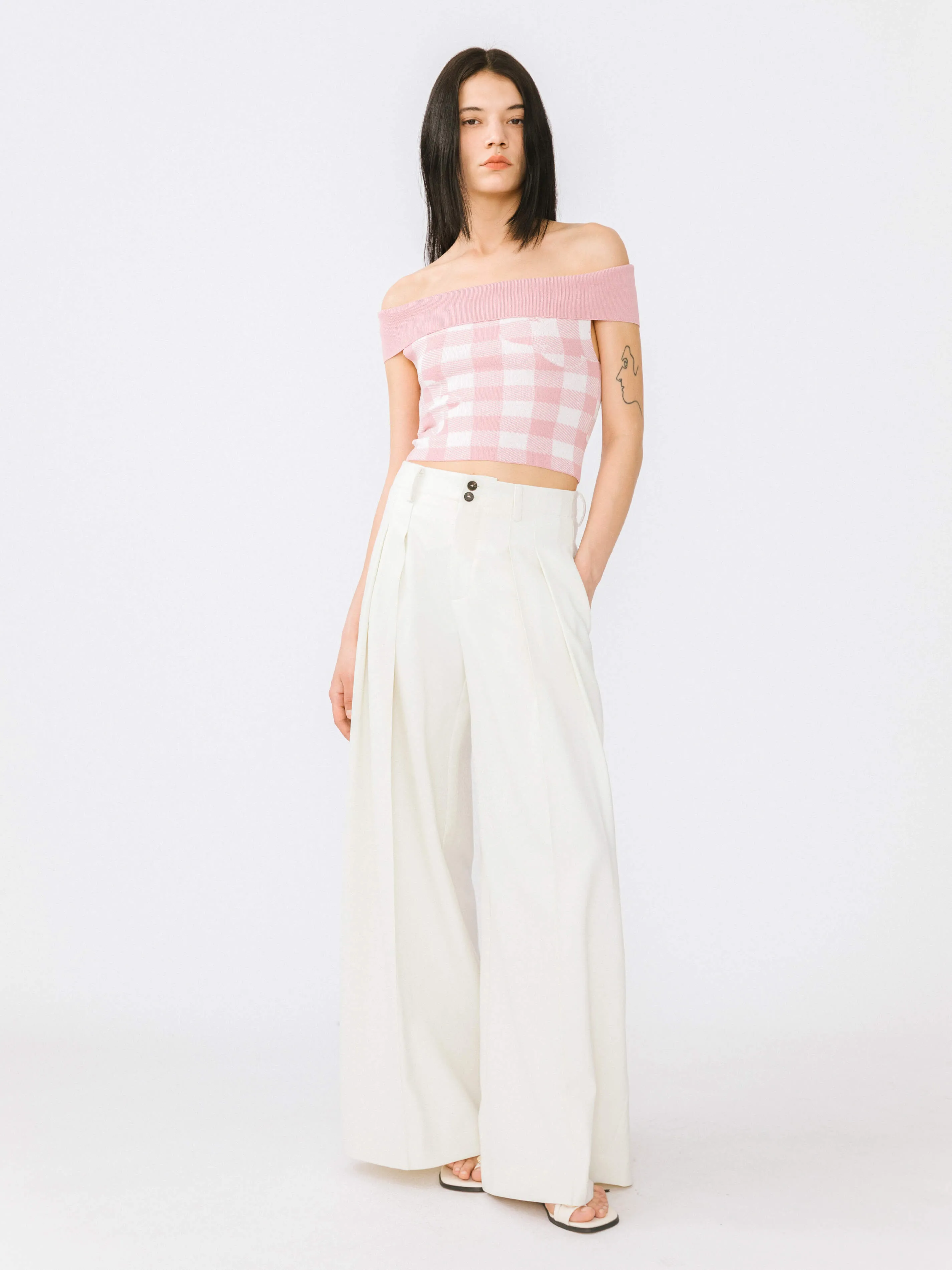 Off-Shoulder Checkered Knit Cami Top