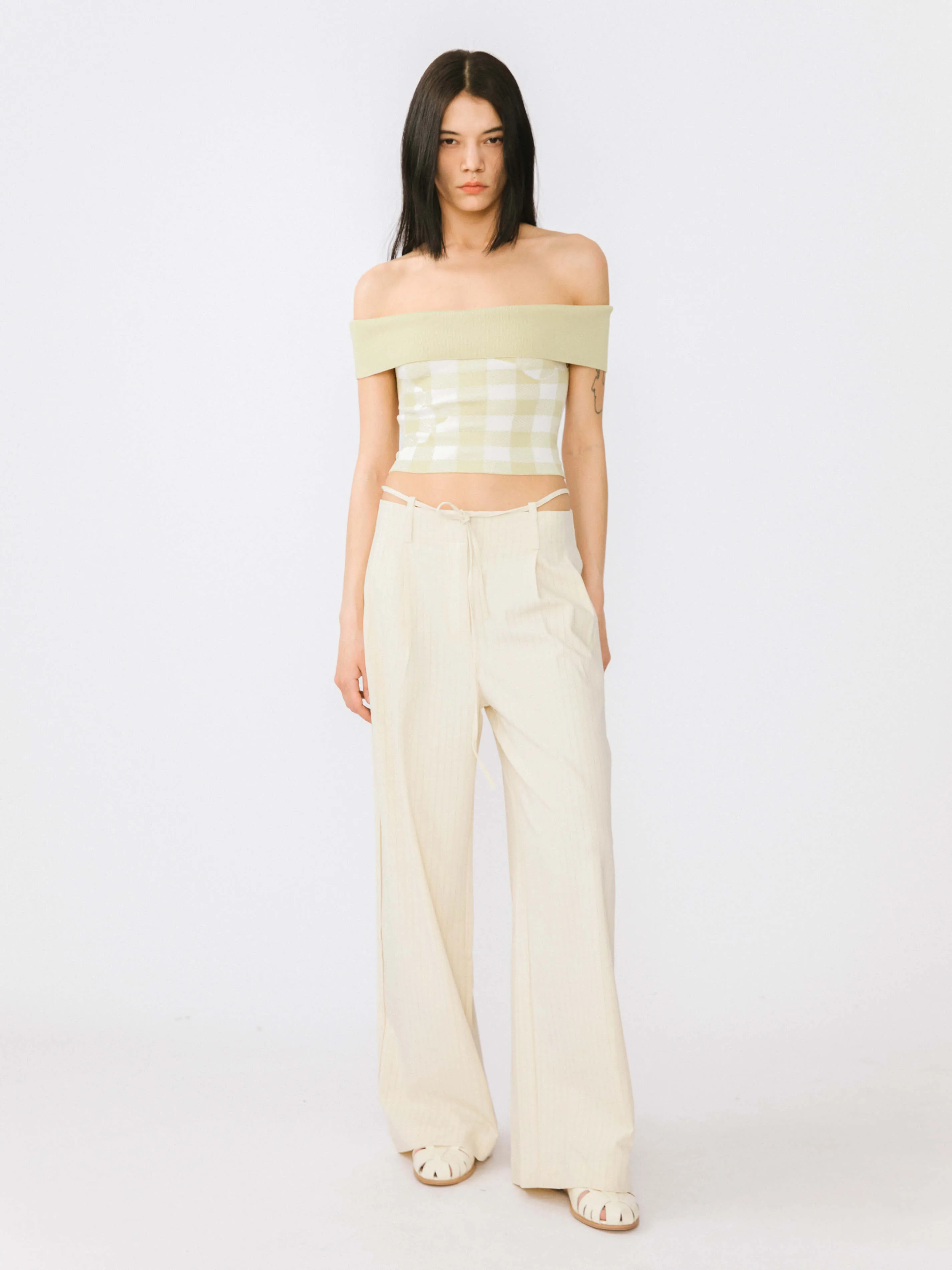 Off-Shoulder Checkered Knit Cami Top