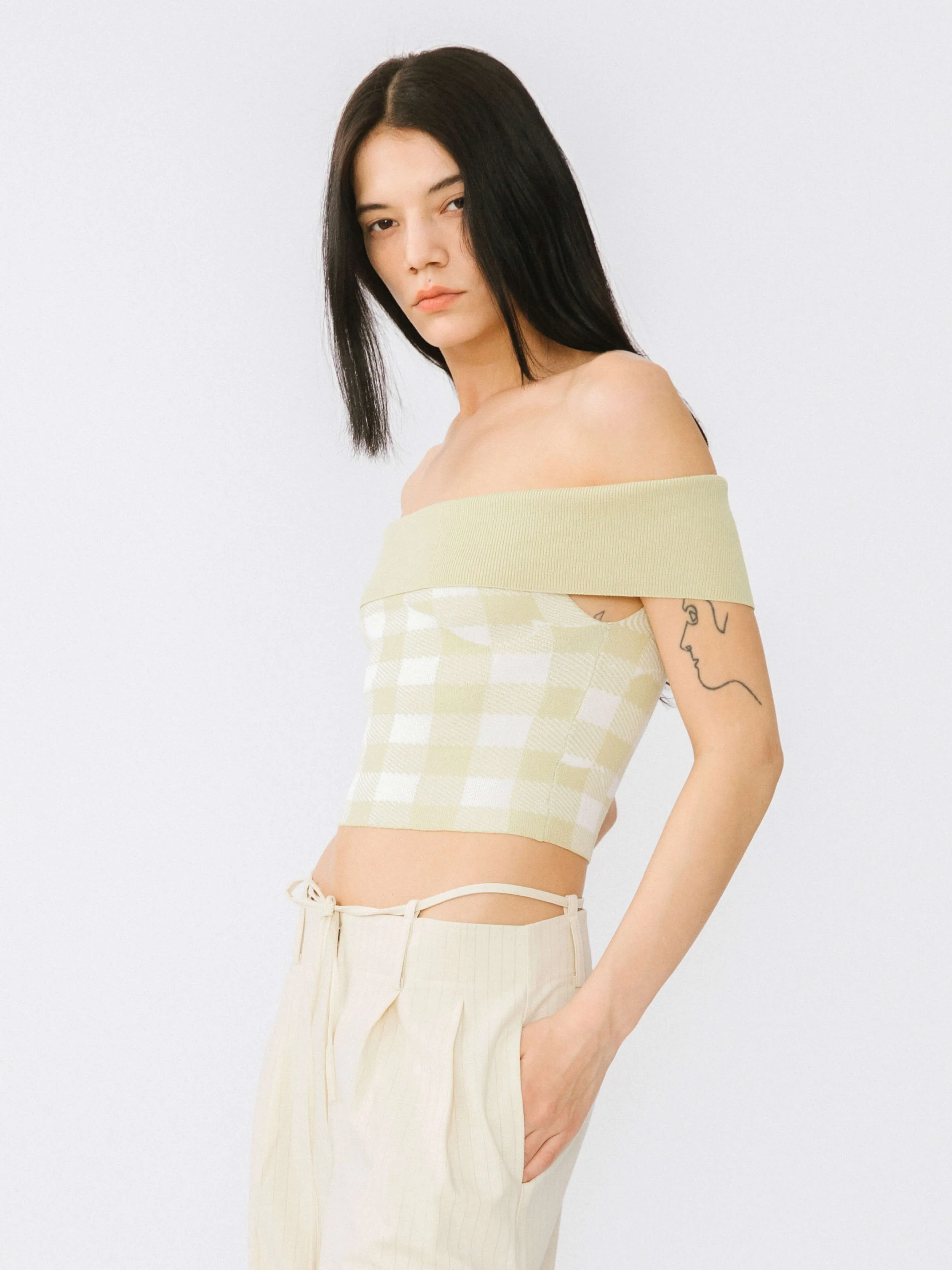 Off-Shoulder Checkered Knit Cami Top