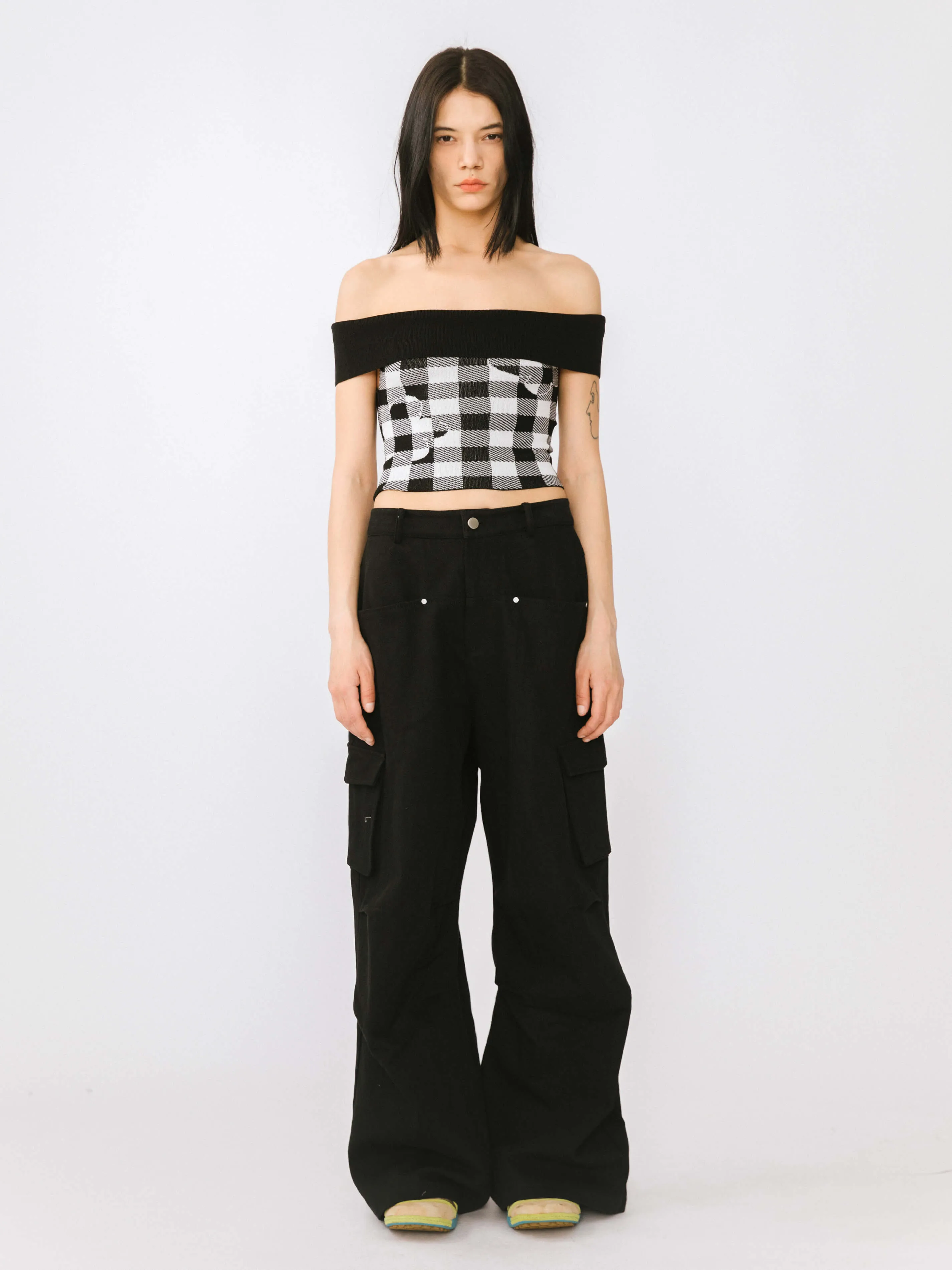 Off-Shoulder Checkered Knit Cami Top