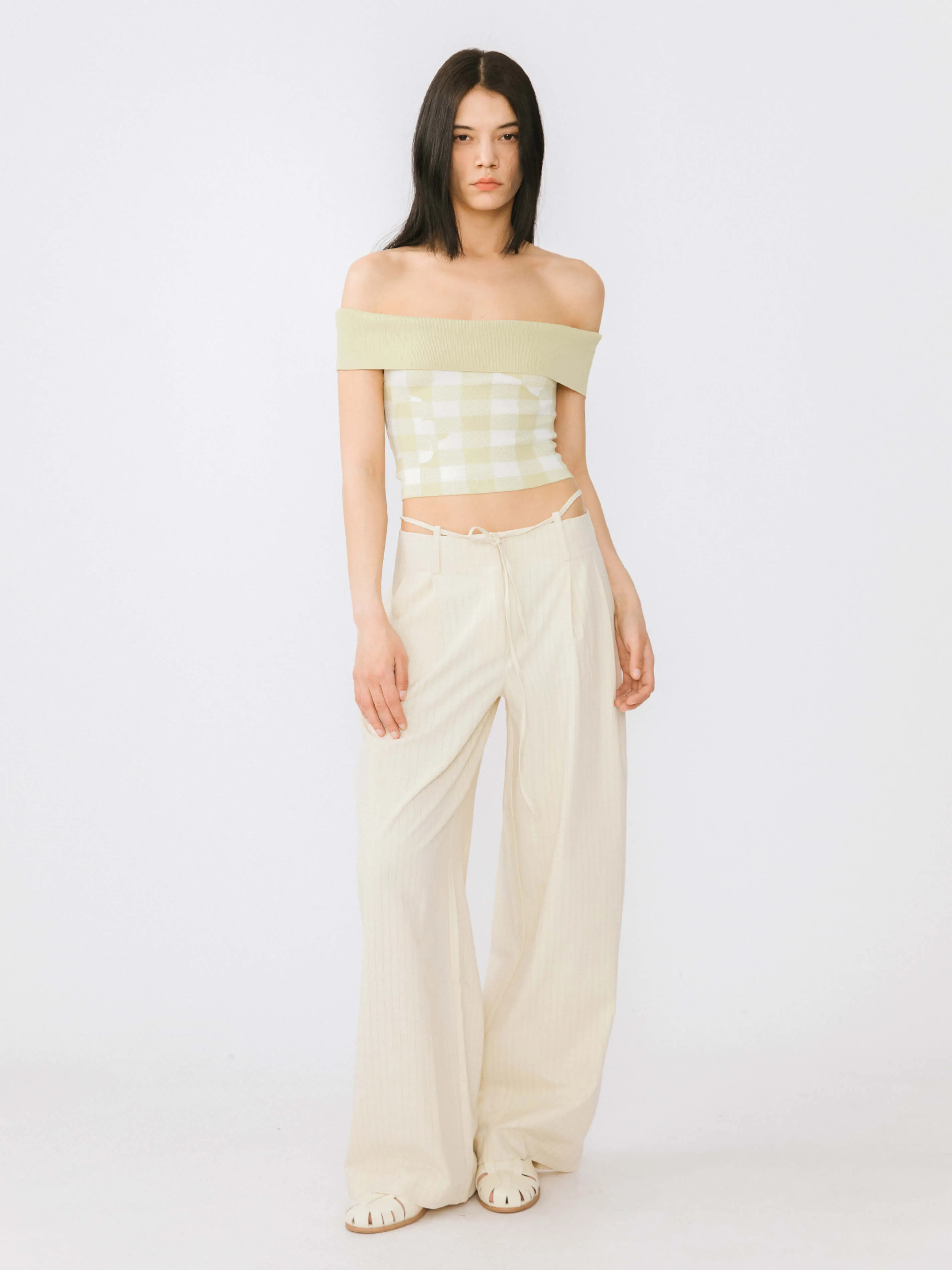 Off-Shoulder Checkered Knit Cami Top