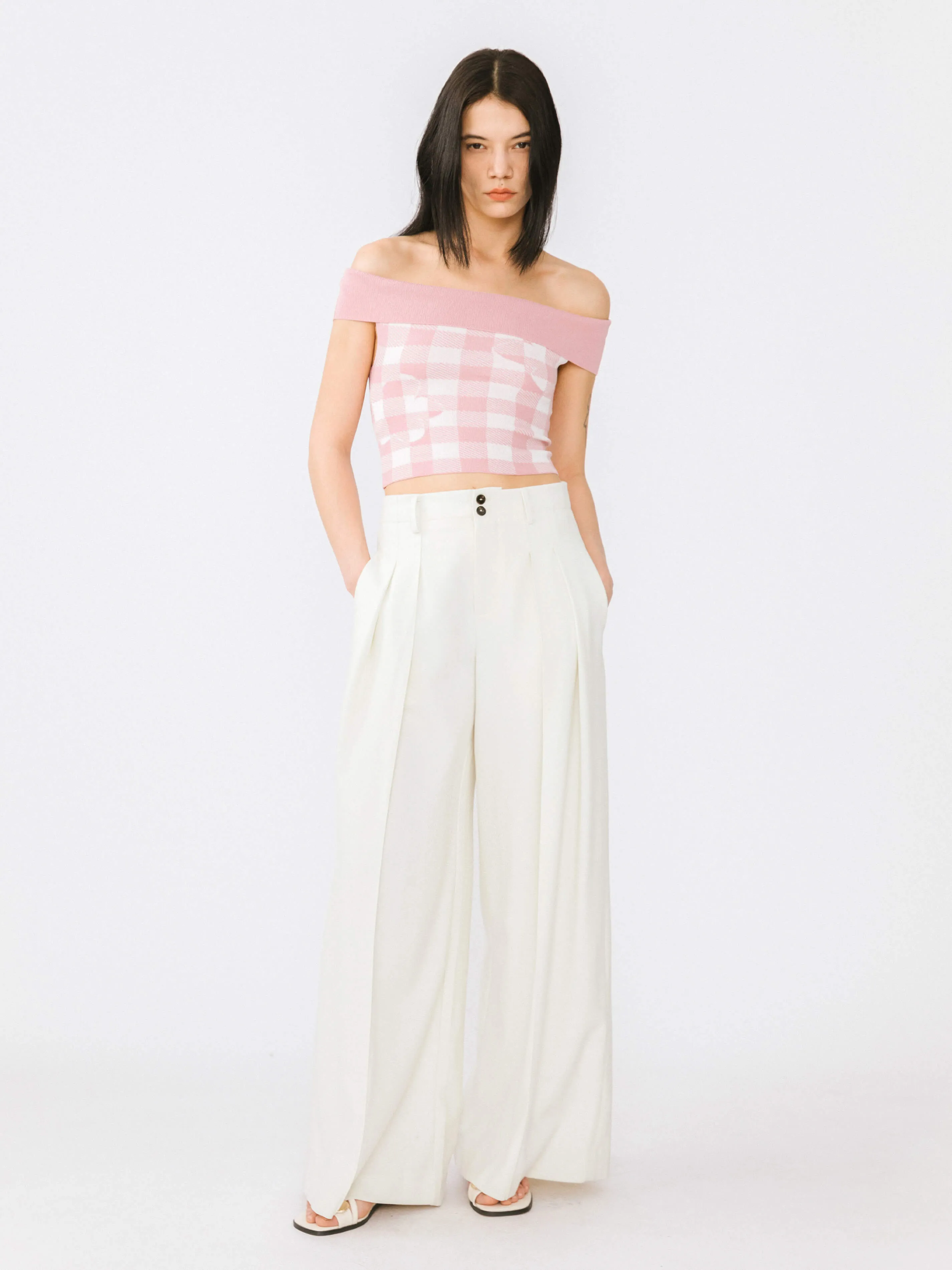Off-Shoulder Checkered Knit Cami Top