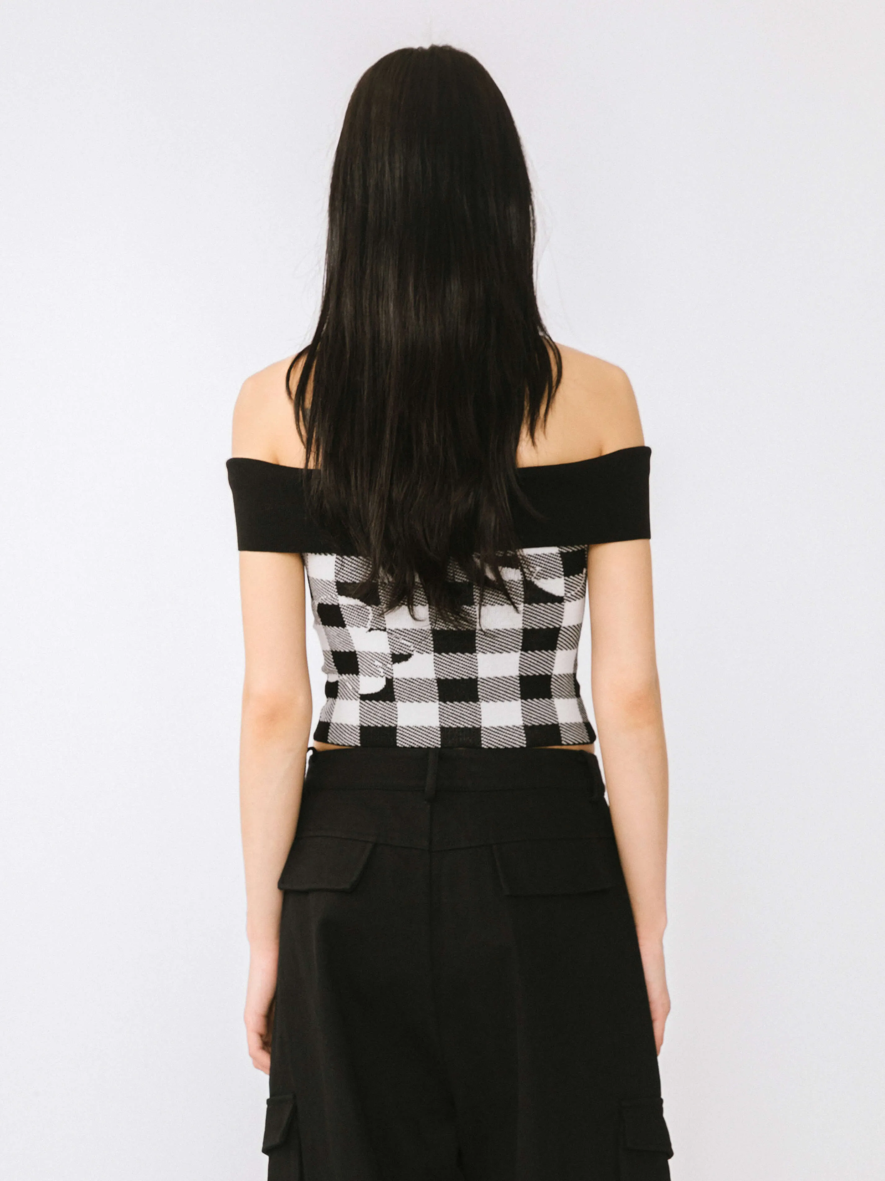Off-Shoulder Checkered Knit Cami Top