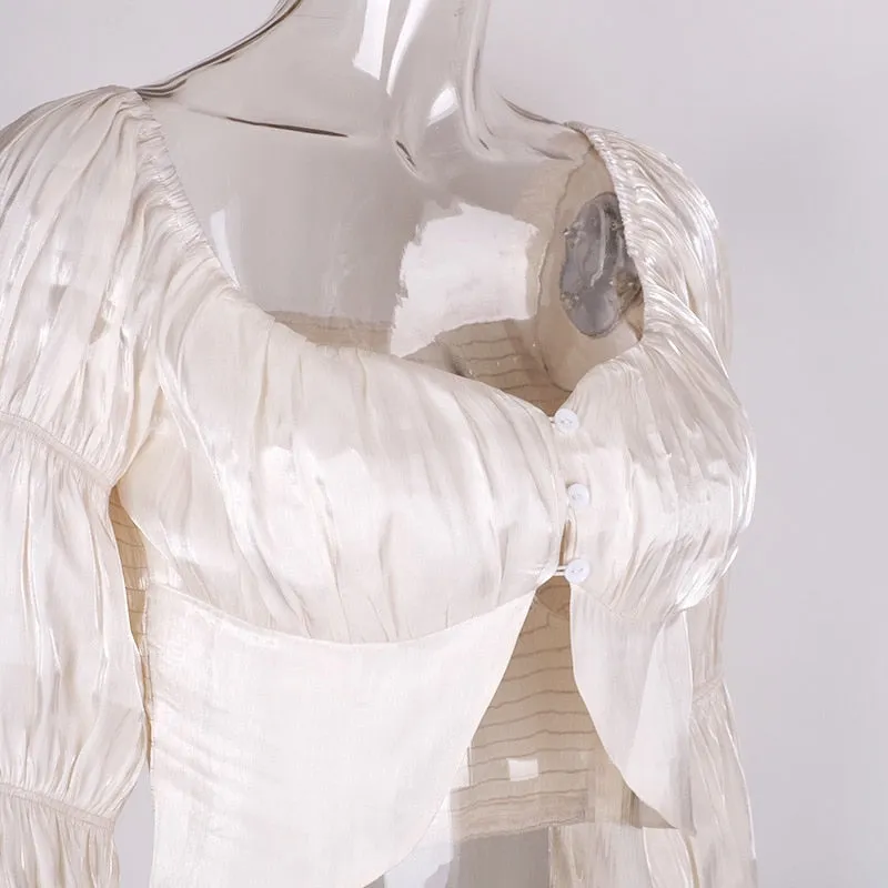 Off Shoulder Fashion Button Lantern Sleeve Ruched Women Blouse