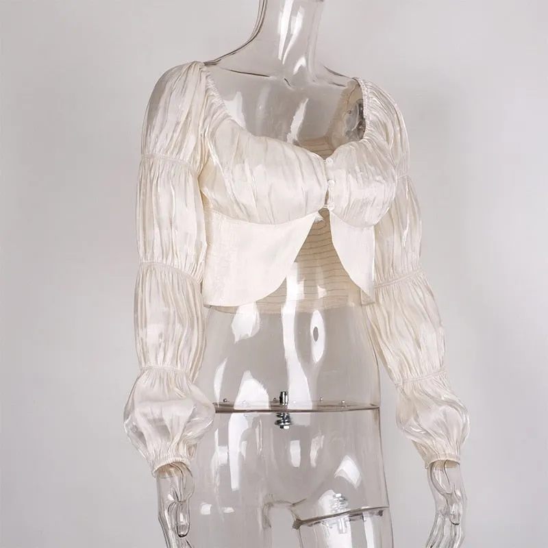 Off Shoulder Fashion Button Lantern Sleeve Ruched Women Blouse