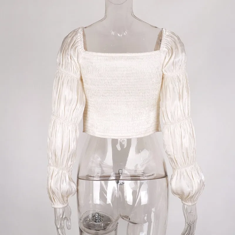 Off Shoulder Fashion Button Lantern Sleeve Ruched Women Blouse