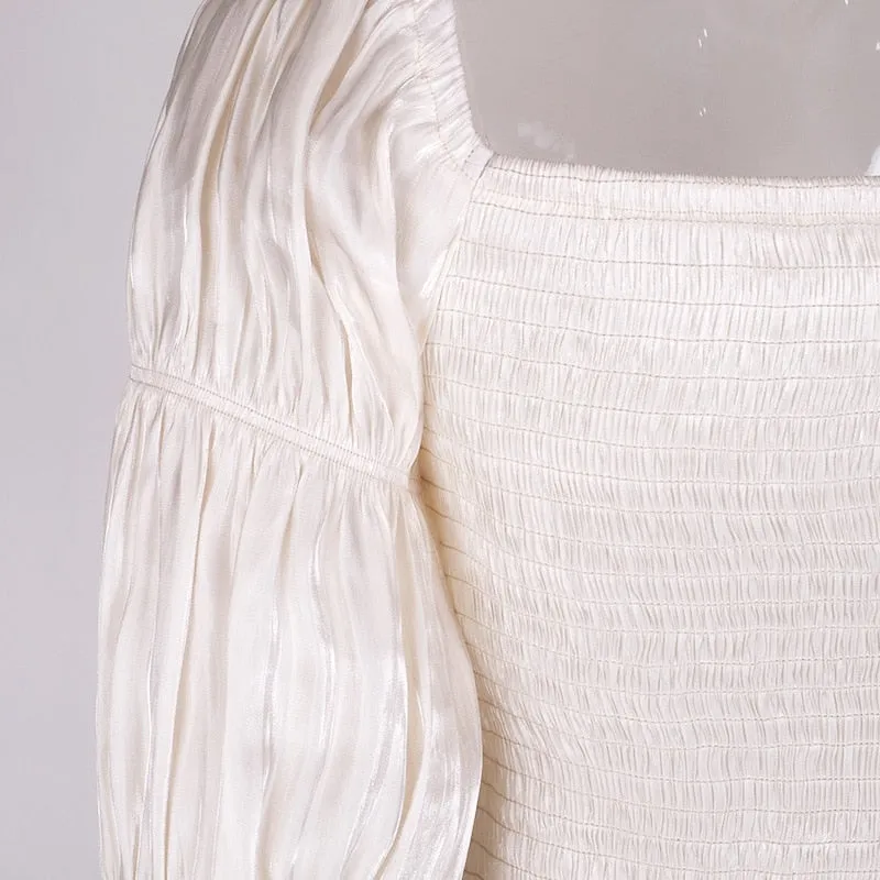 Off Shoulder Fashion Button Lantern Sleeve Ruched Women Blouse