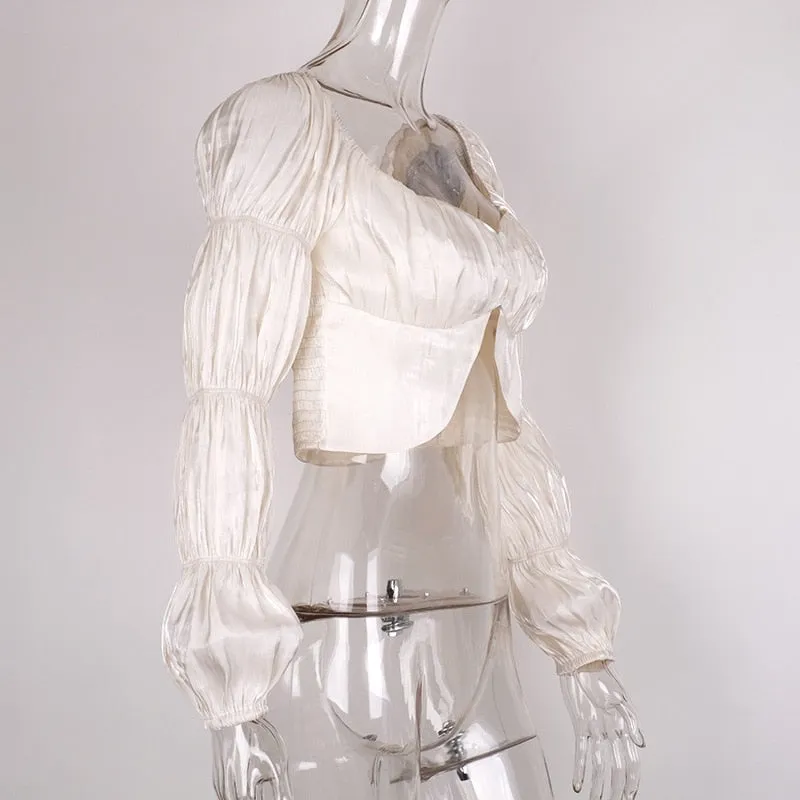 Off Shoulder Fashion Button Lantern Sleeve Ruched Women Blouse
