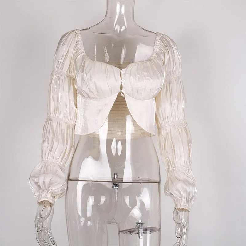 Off Shoulder Fashion Button Lantern Sleeve Ruched Women Blouse