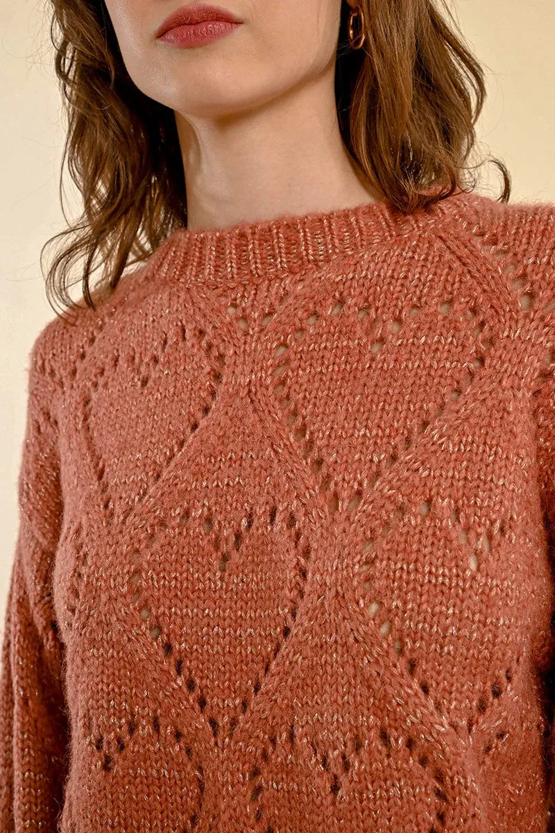 Openwork Pointelle Knit and Lurex Sweater - Terracotta