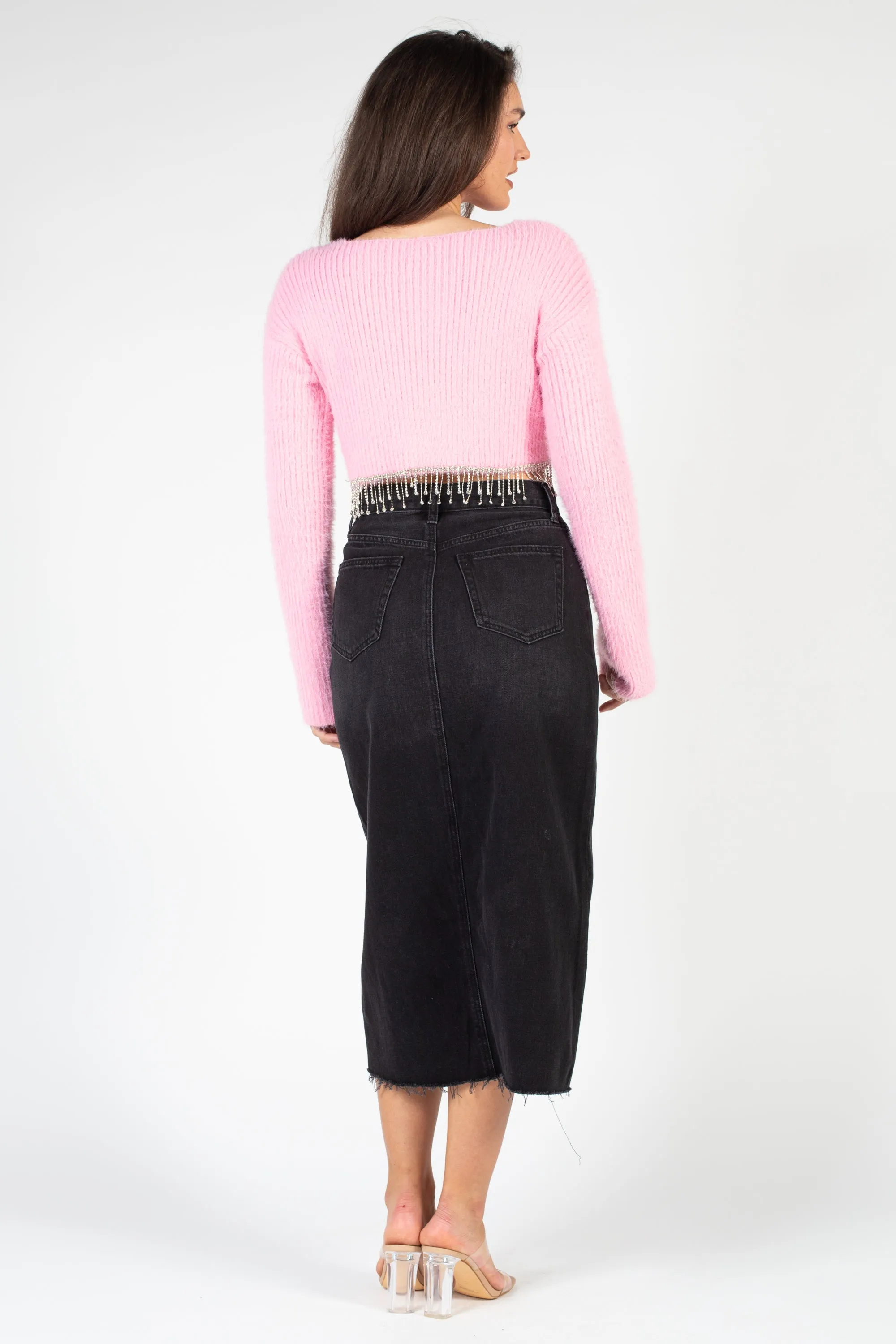Paris Fuzzy Rhinestone Fringe Sweater