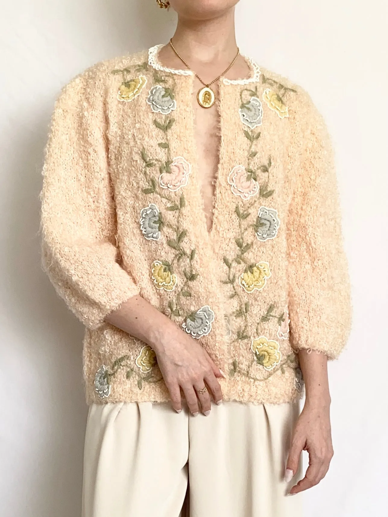 Peach 1950s Shearling Mohair Beaded Cardigan (S/M)