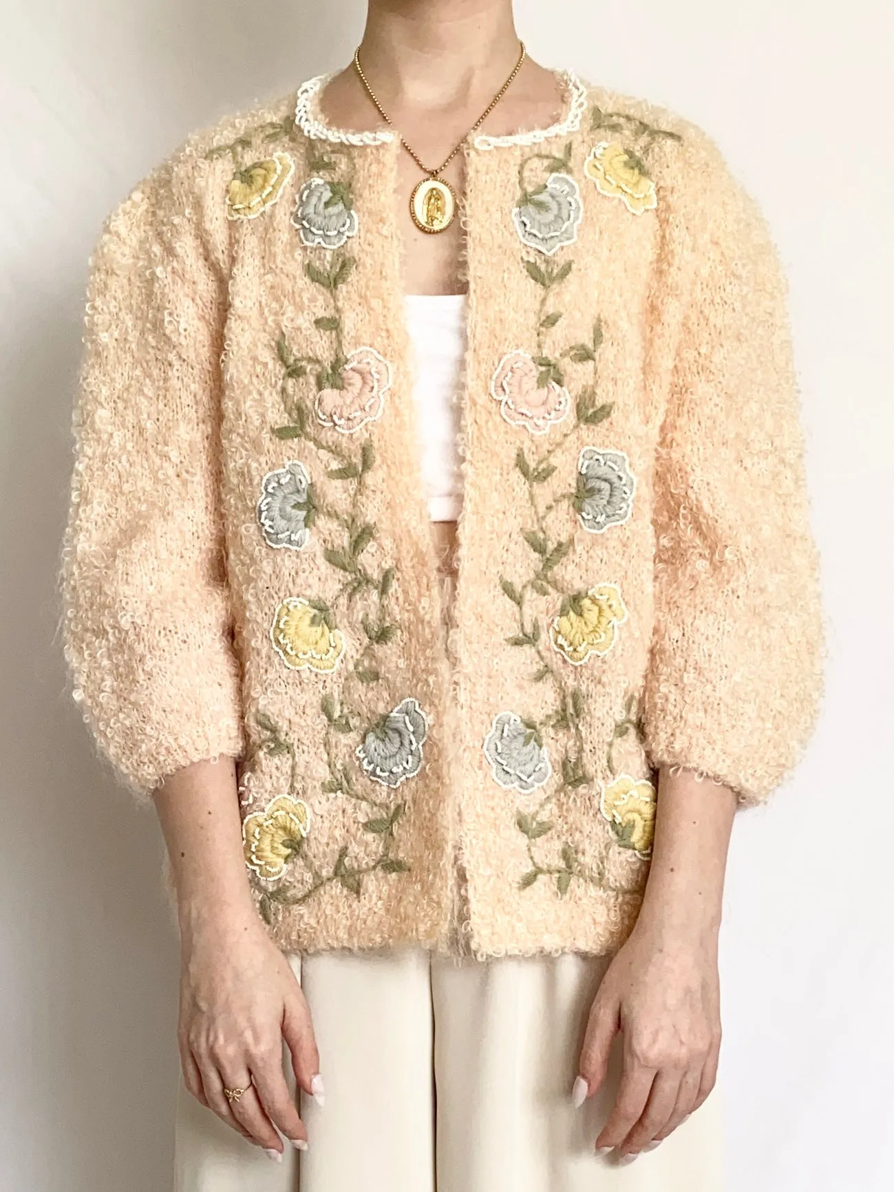 Peach 1950s Shearling Mohair Beaded Cardigan (S/M)