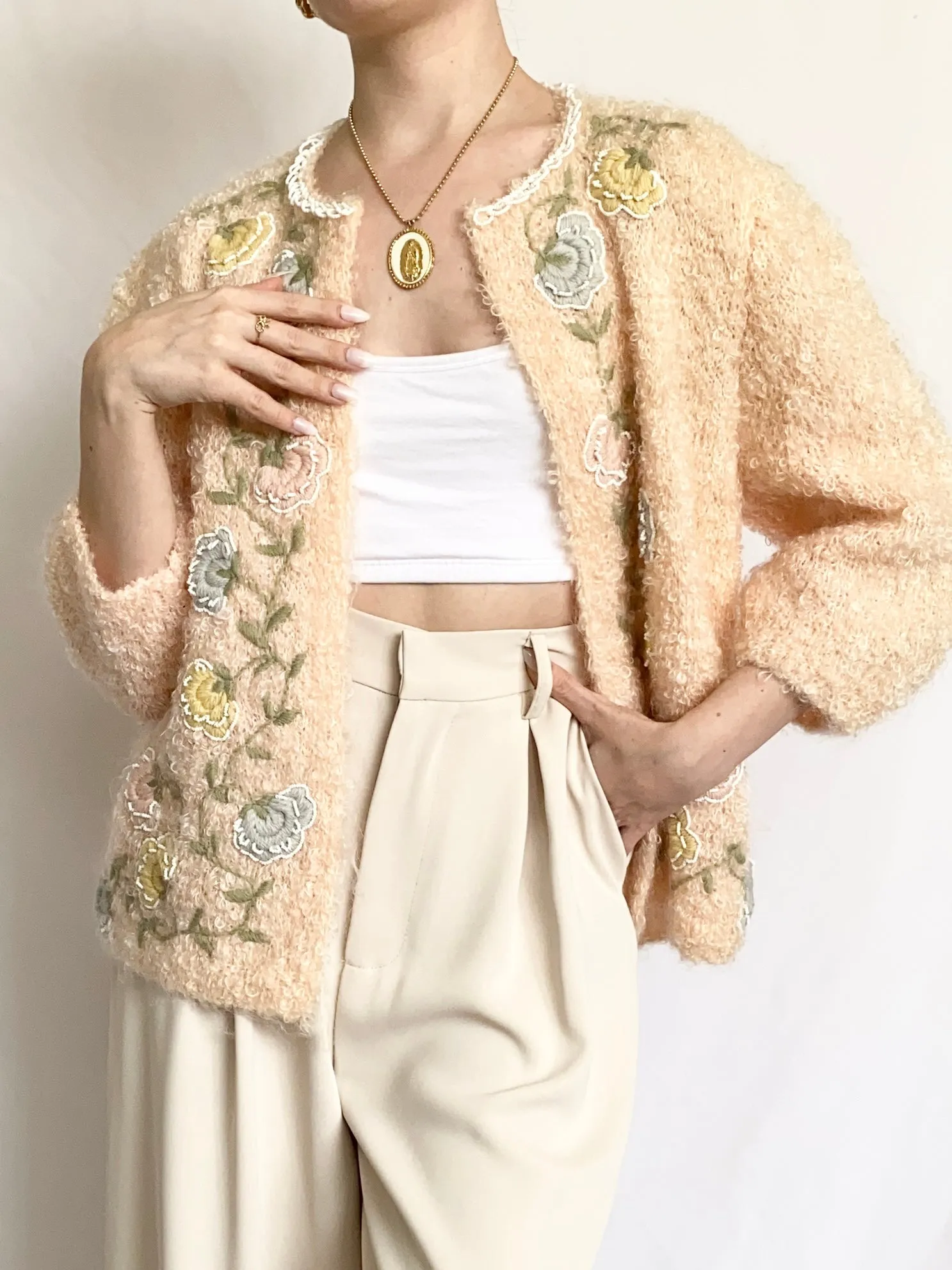 Peach 1950s Shearling Mohair Beaded Cardigan (S/M)