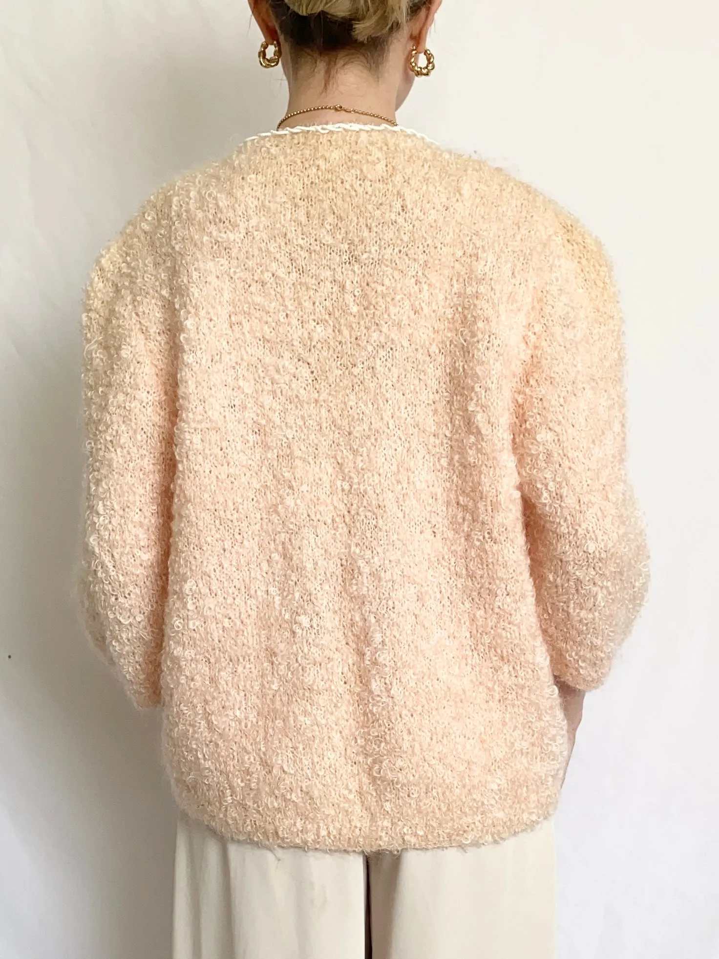 Peach 1950s Shearling Mohair Beaded Cardigan (S/M)