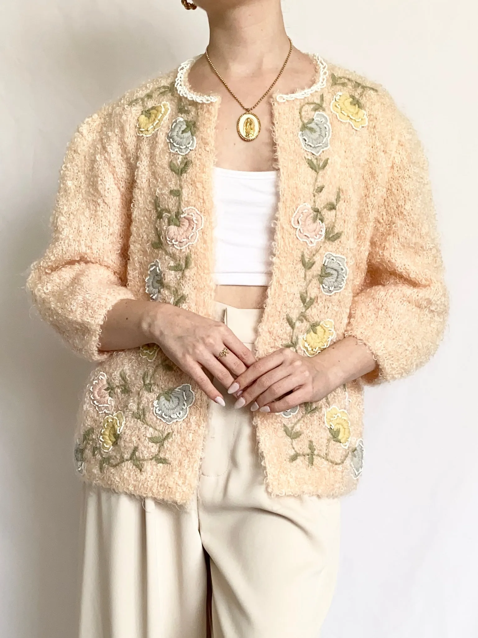 Peach 1950s Shearling Mohair Beaded Cardigan (S/M)