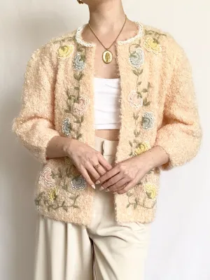 Peach 1950s Shearling Mohair Beaded Cardigan (S/M)