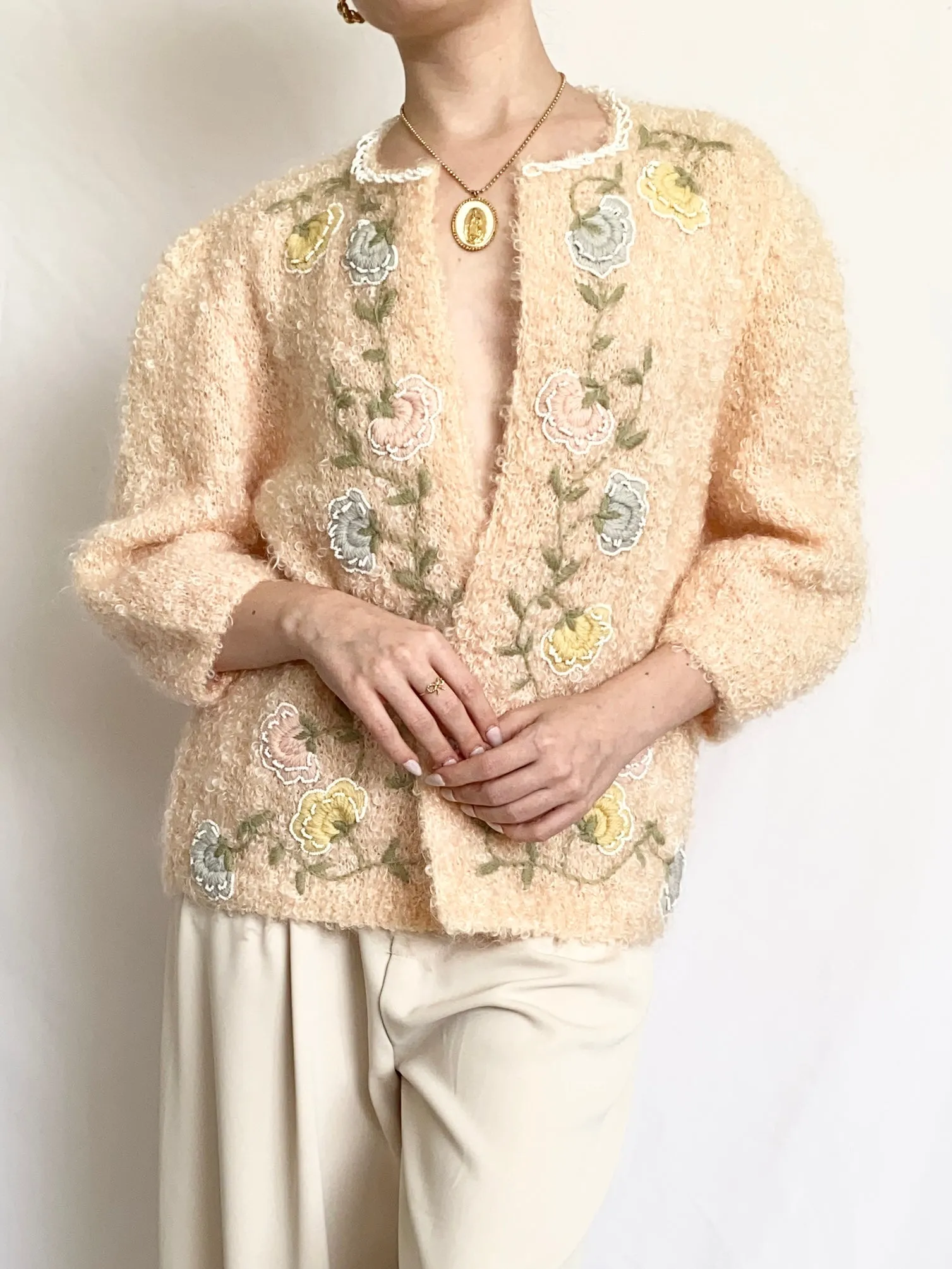 Peach 1950s Shearling Mohair Beaded Cardigan (S/M)