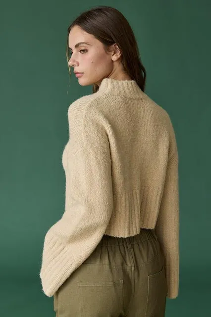 Peony Pop Mock Neck Crop Knit Sweater - Taupe