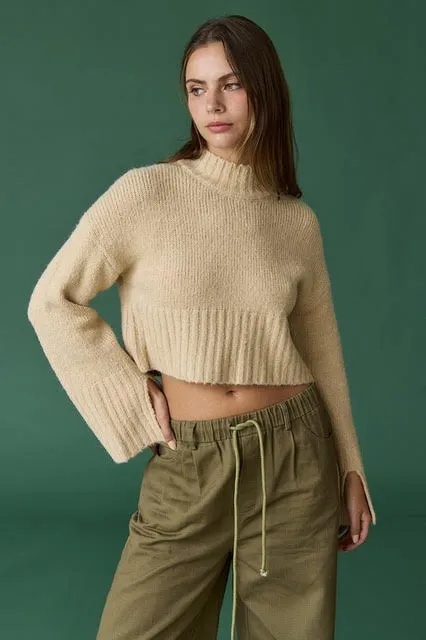 Peony Pop Mock Neck Crop Knit Sweater - Taupe