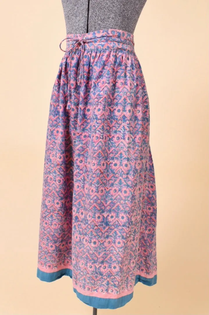 Pink and Blue Light Cotton Block Print Skirt By Anokhi, XXL
