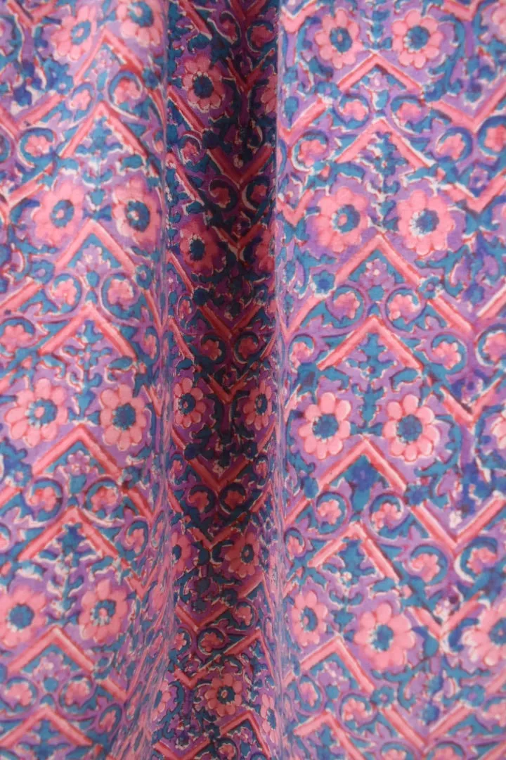 Pink and Blue Light Cotton Block Print Skirt By Anokhi, XXL