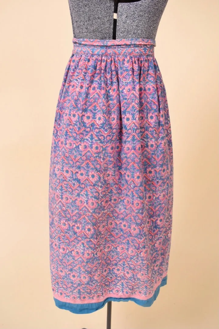 Pink and Blue Light Cotton Block Print Skirt By Anokhi, XXL