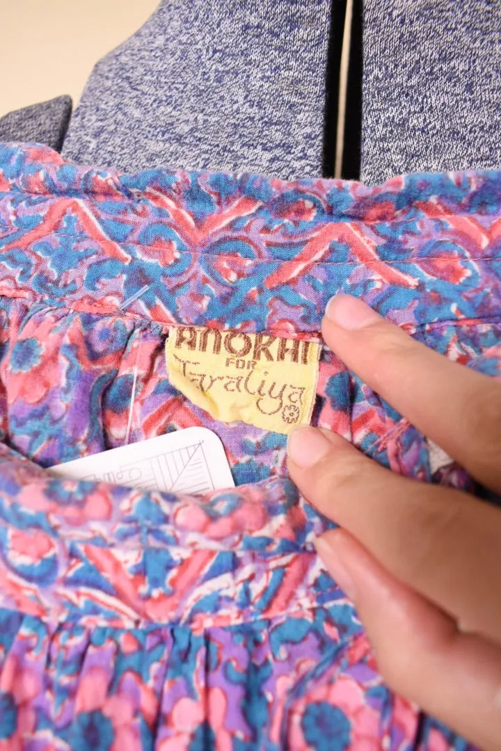 Pink and Blue Light Cotton Block Print Skirt By Anokhi, XXL
