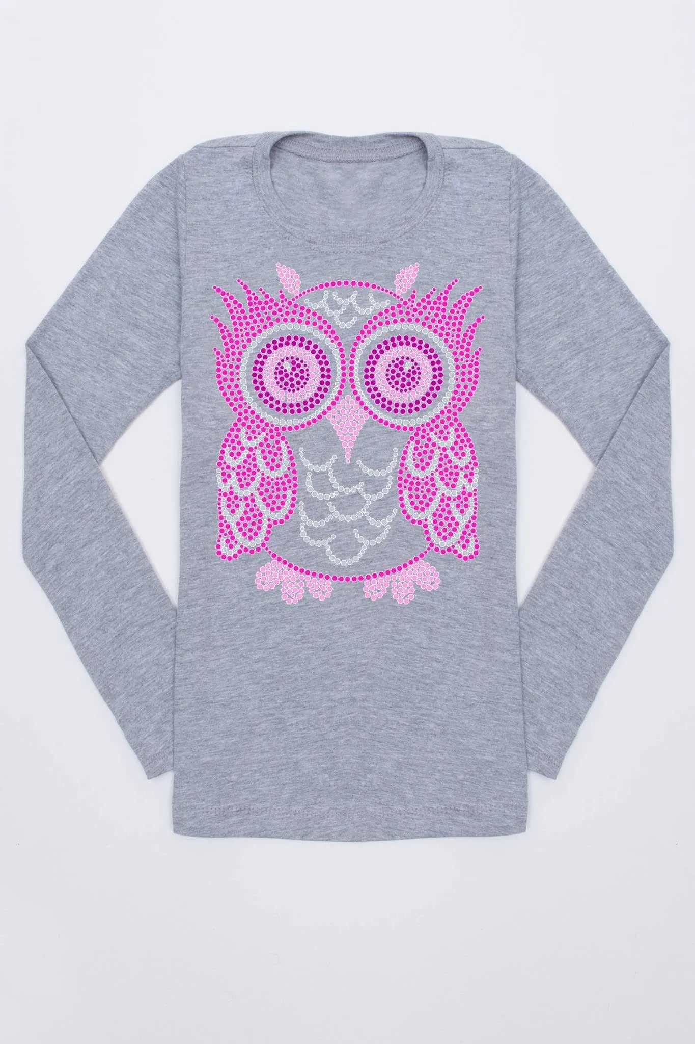 Pink Owl Cute Fall Gray Long Sleeve Tee - Girls
