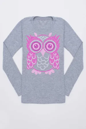 Pink Owl Cute Fall Gray Long Sleeve Tee - Girls