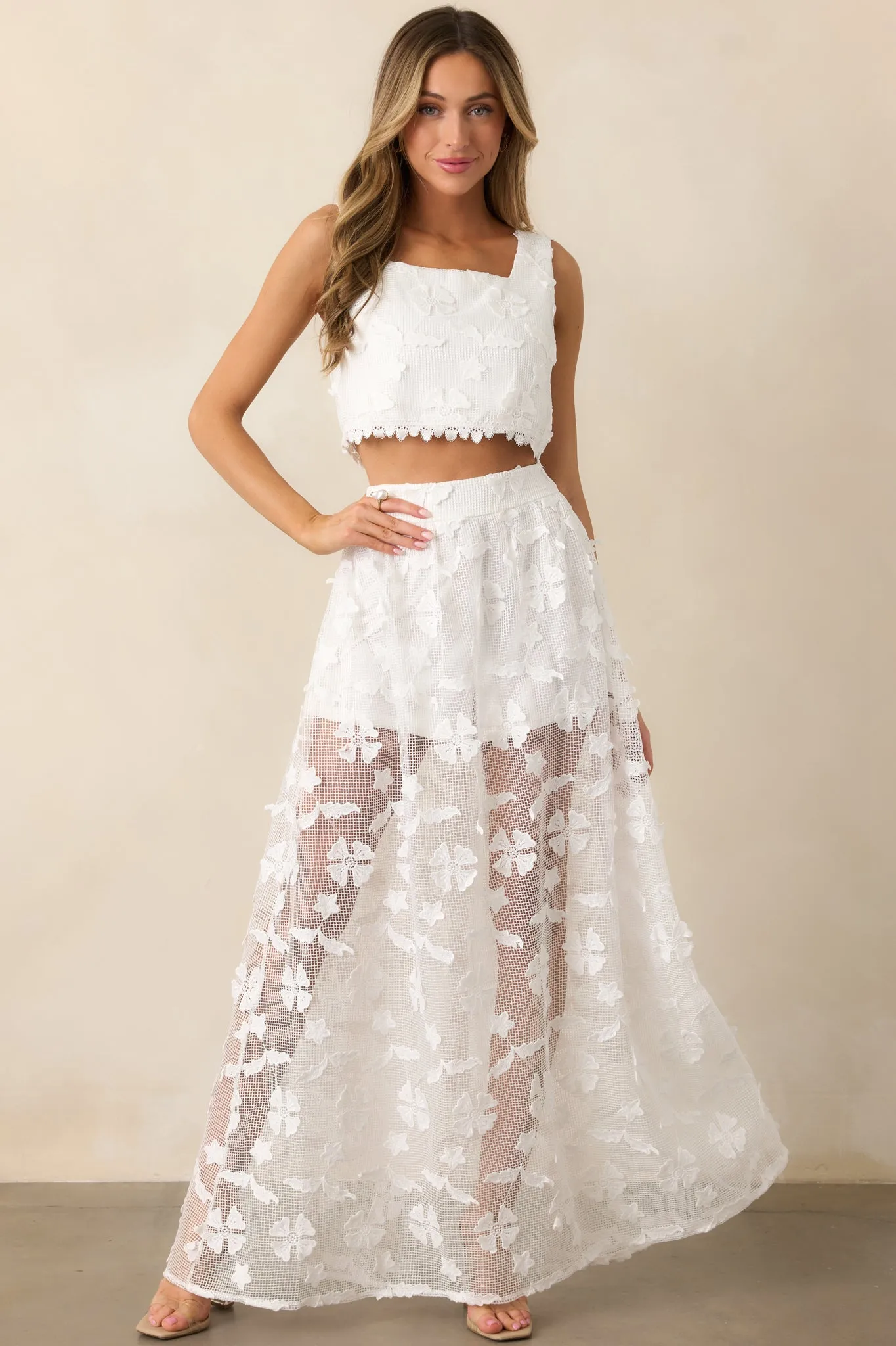 Quiet Waves White Embroidered Midi Skirt