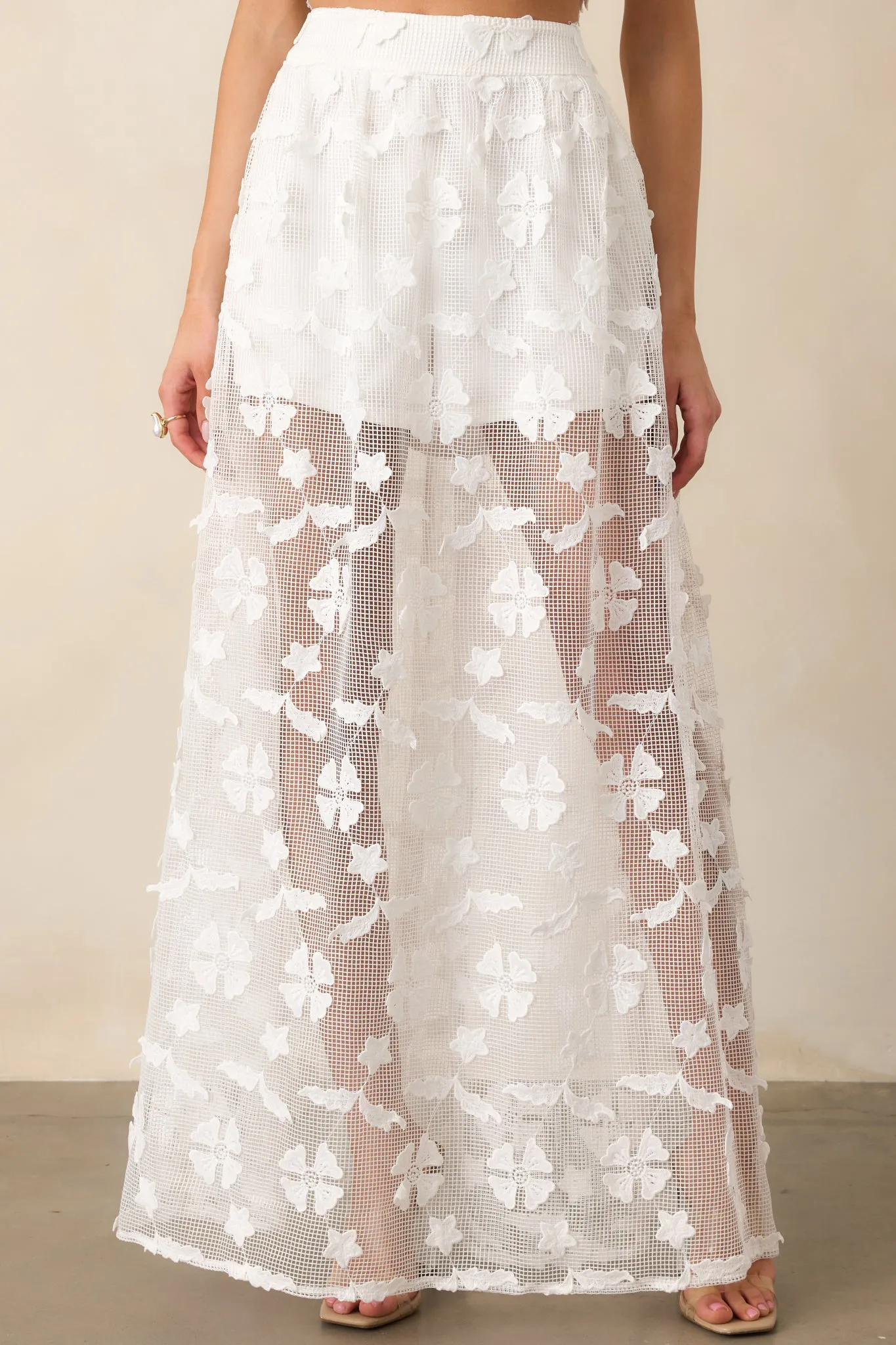 Quiet Waves White Embroidered Midi Skirt