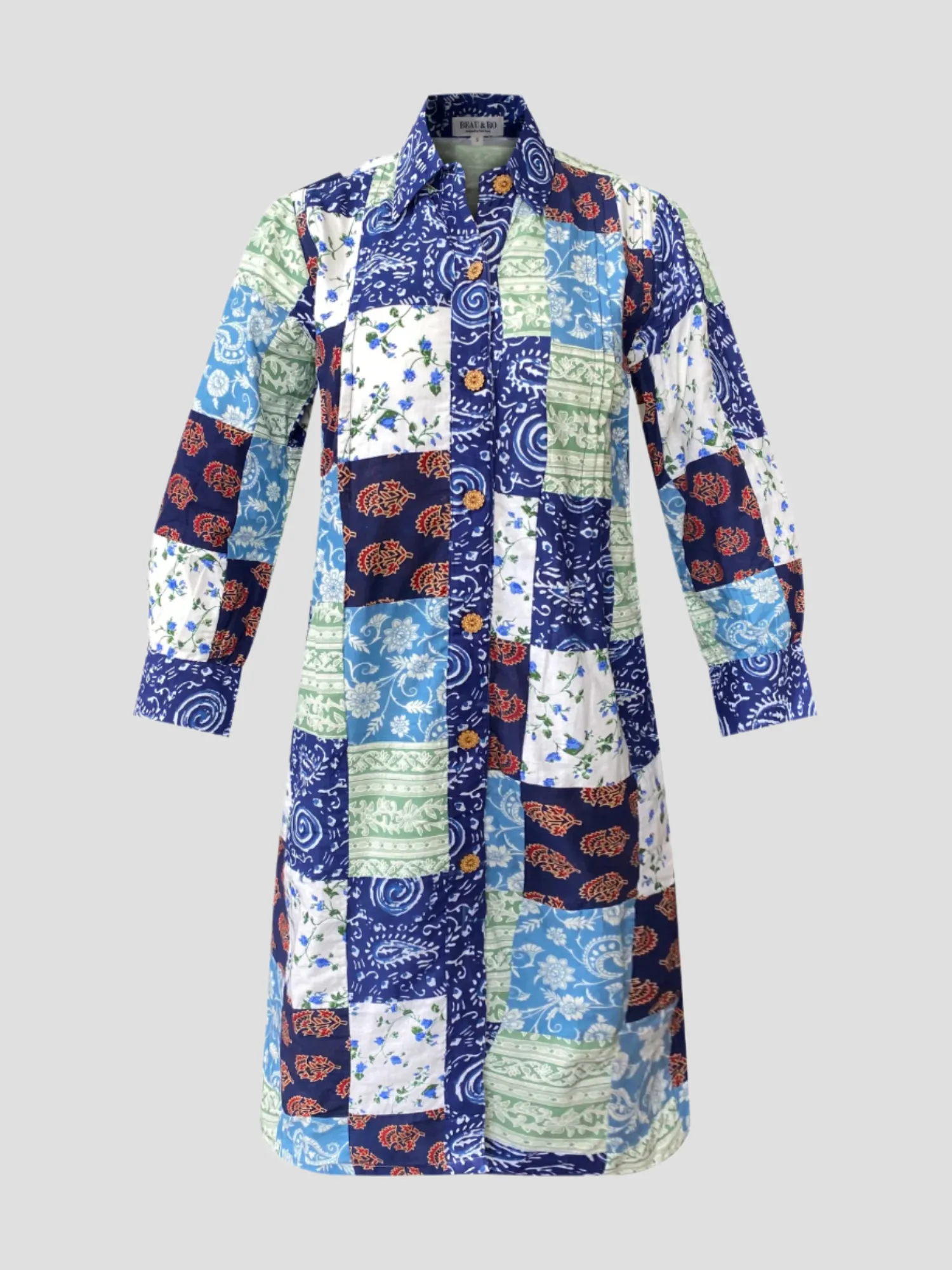 Quilted Midi Shirt Dress in Blue Squares