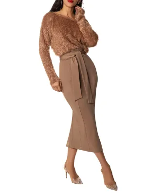 "Anita" Taupe Belted Pencil Skirt