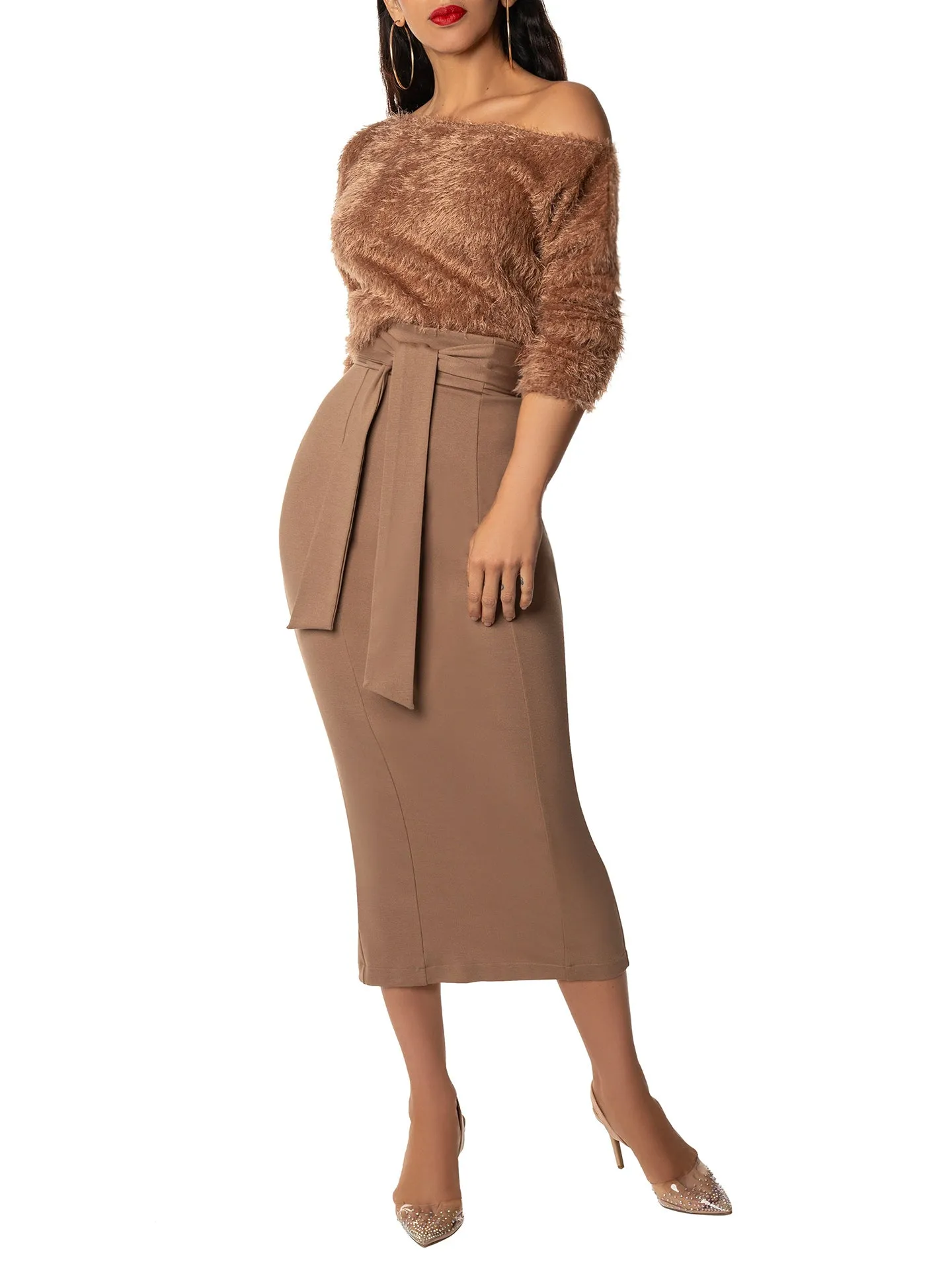 "Anita" Taupe Belted Pencil Skirt