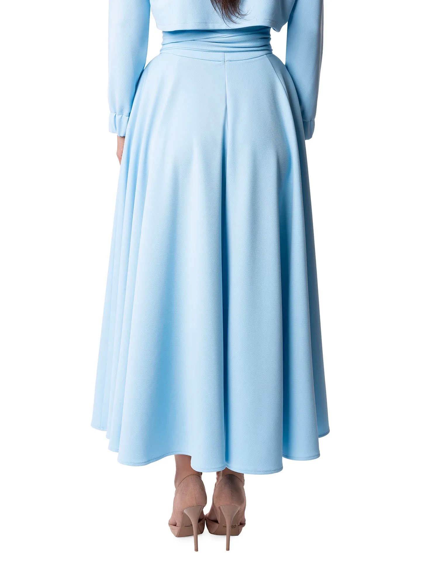 "Dominique" Light Blue Belted Swing Skirt